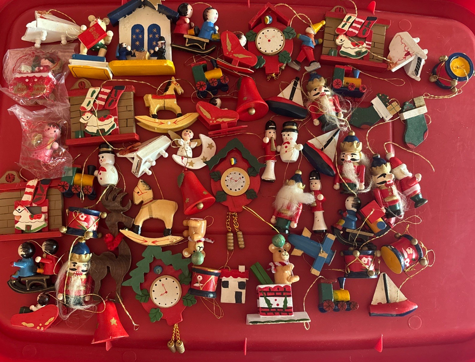 Vintage Large Set of over 50 Wooden Christmas Tree Ornaments some Hand Painted Vintage Large Set of over 50 Wooden Christmas Tree Ornaments some Hand Painted