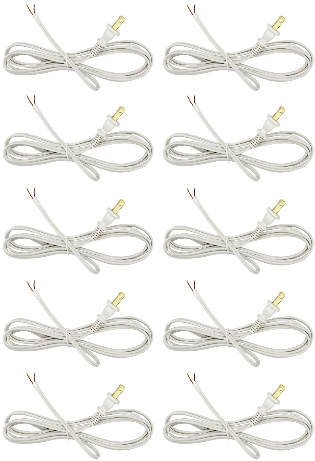White Lamp Cord, 12 Foot Long Replacement Repair Part, 18/2 SPT-1 Wire - 10 Pack