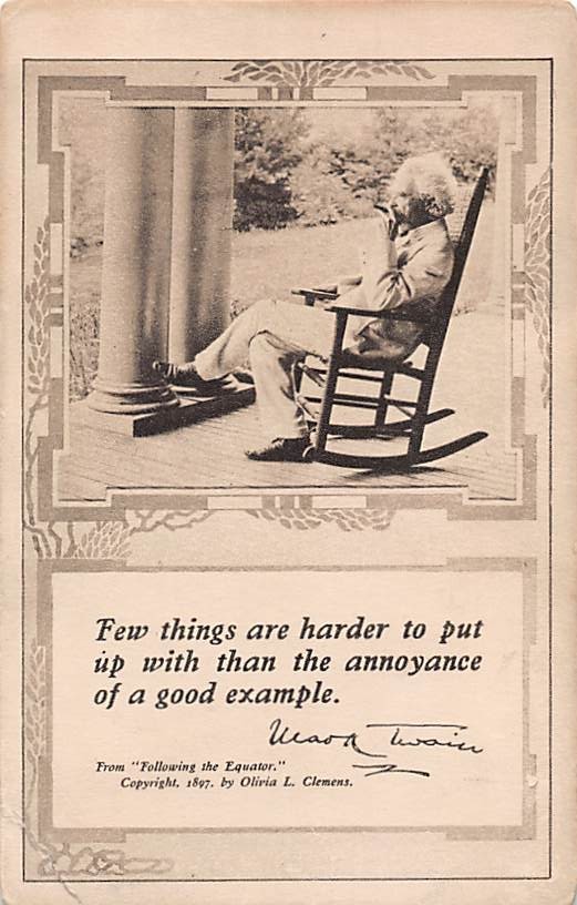 MARK TWAIN - CLEMENS SMOKING, BACK ON ROCKING CHAIR + QUOTATION, Pub. AMP, 1910s MARK TWAIN - CLEMENS SMOKING, BACK ON ROCKING CHAIR + QUOTATION, Pub. AMP, 1910s