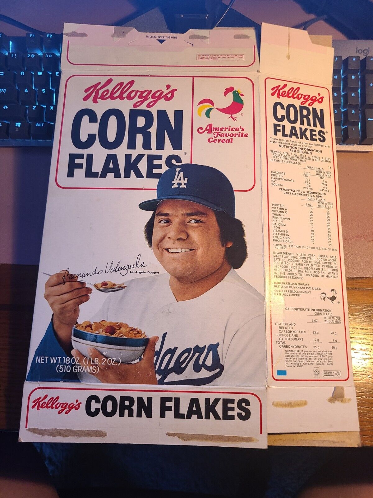 Kellogg's Corn Flakes 1982 Rare Fernando Valenzuela box LA Dodgers flat