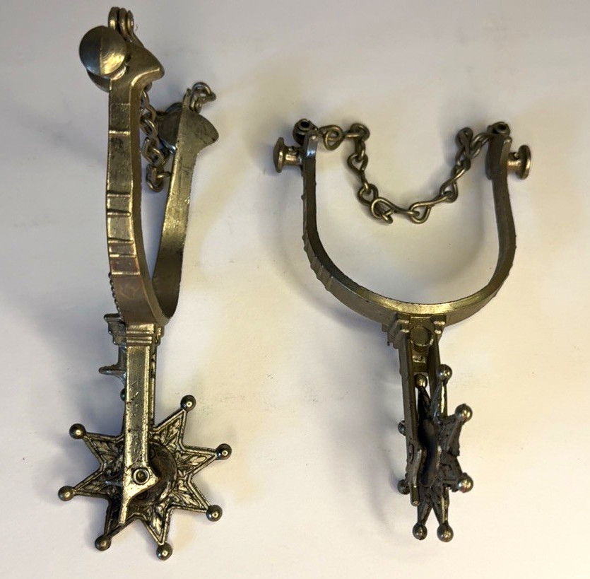 Vintage Silver Tone Western Boot Spurs Chains Ornate 8 Point Star Rowel Cowboy Vintage Silver Tone Western Boot Spurs Chains Ornate 8 Point Star Rowel Cowboy