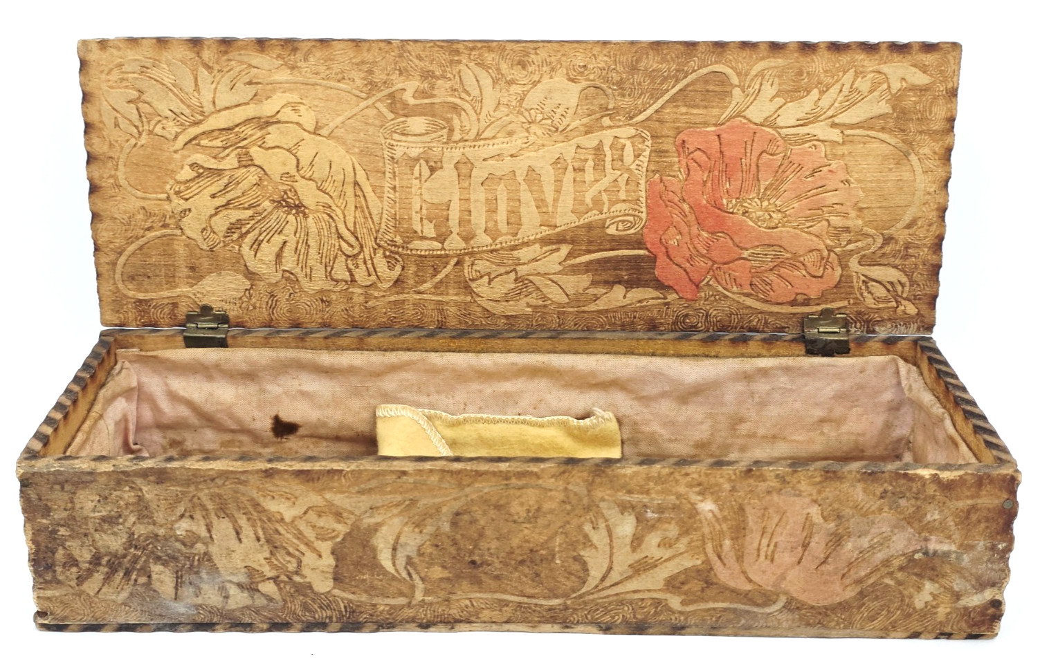 Antique 1900s Pyrography Wood Glove Box Gregrarian Poppy Design 3 1/2" X 10" Antique 1900s Pyrography Wood Glove Box Gregrarian Poppy Design 3 1/2" X 10"