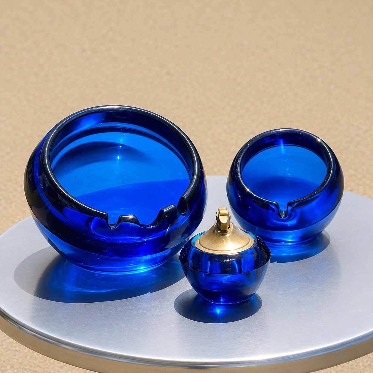 Viking Epic Cobalt Blue Glass 3-Piece Smoking Set:Ashtray, Tobacco Jar & Lighter
