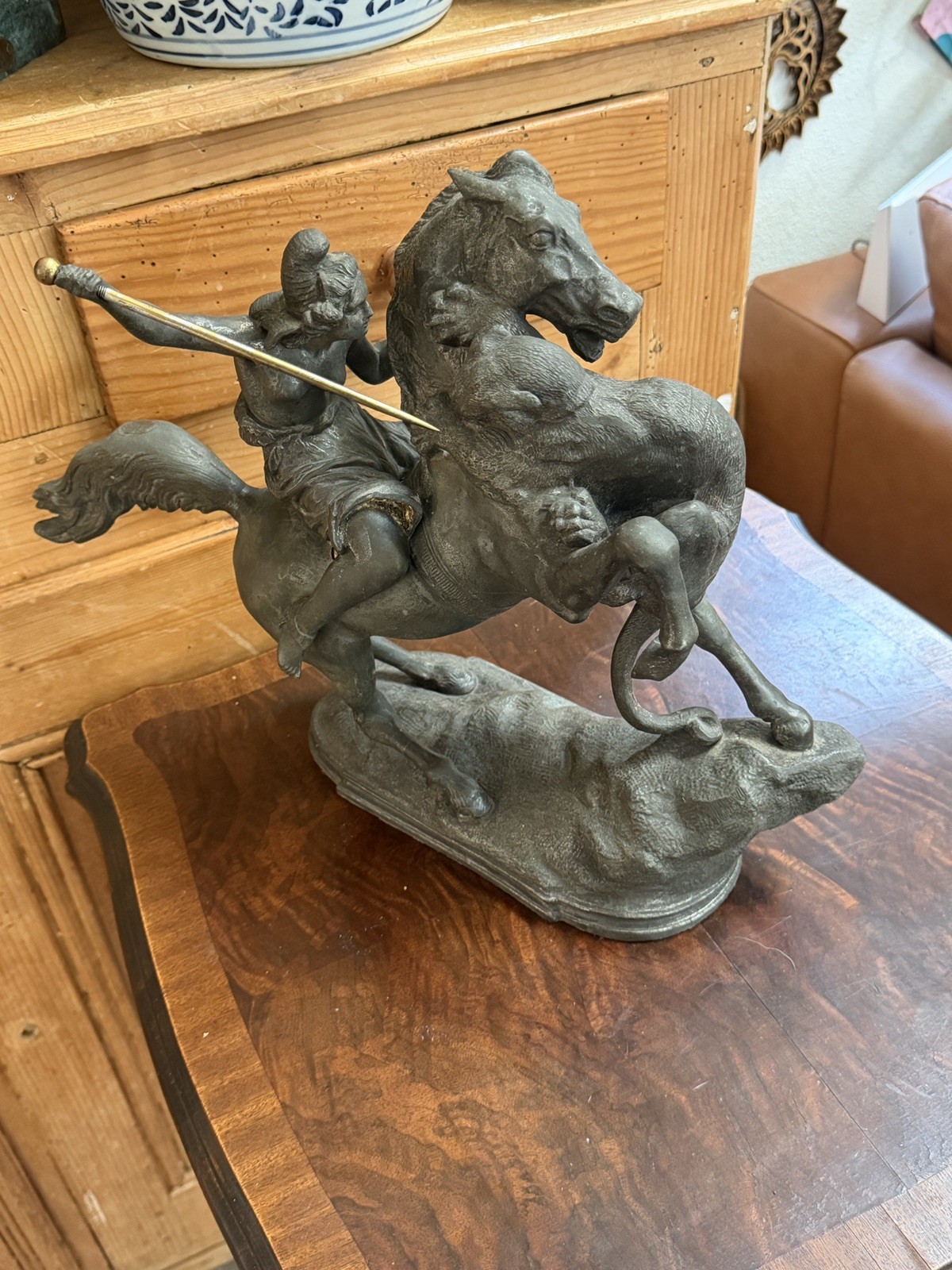Antique Spelter Statue "The Mounted Amazon" After August Kiss - 13" - As-Is Antique Spelter Statue "The Mounted Amazon" After August Kiss - 13" - As-Is