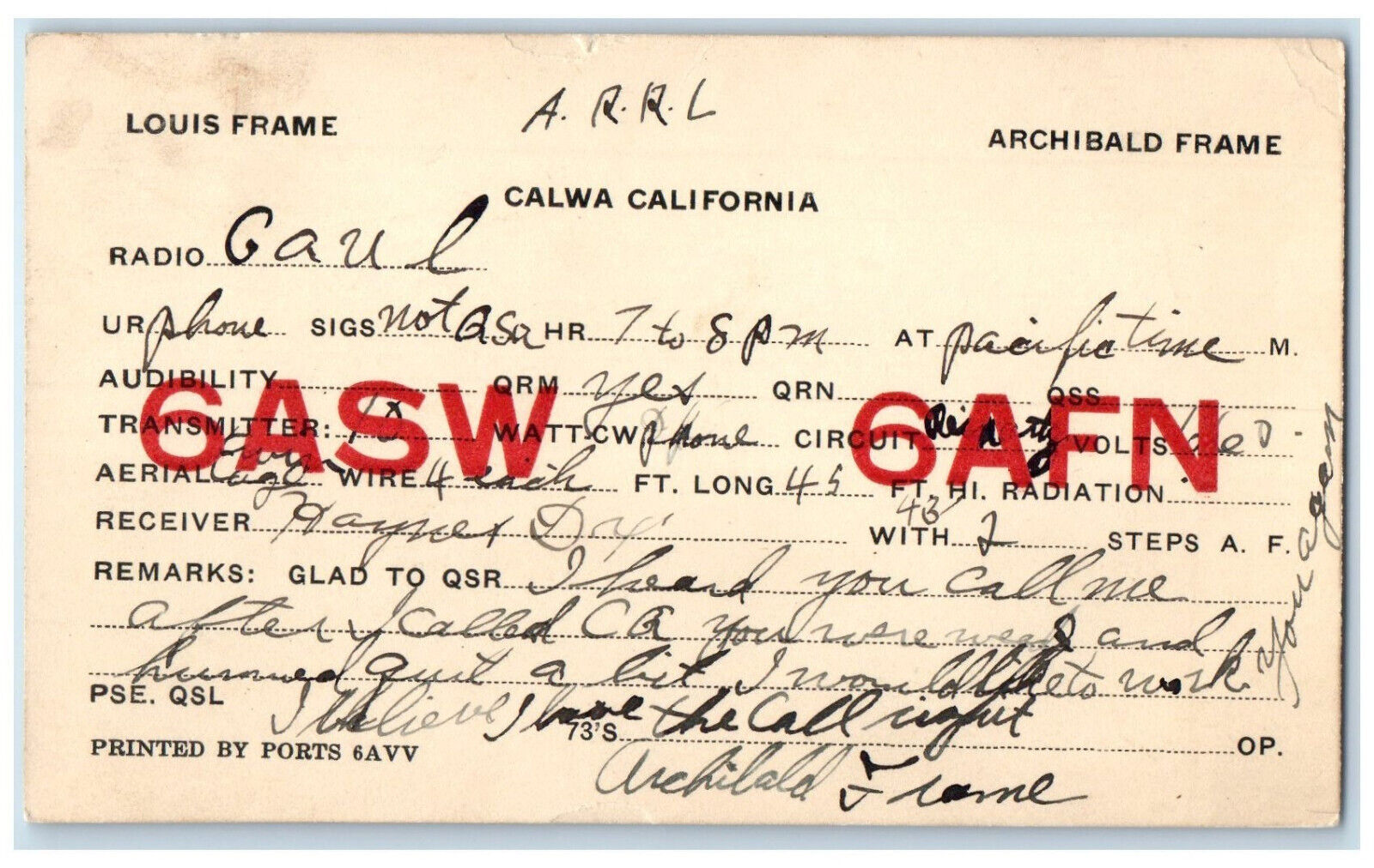 c1920's Louis Archibald Frame Ham QSL Radio Calwa California CA Postal Card