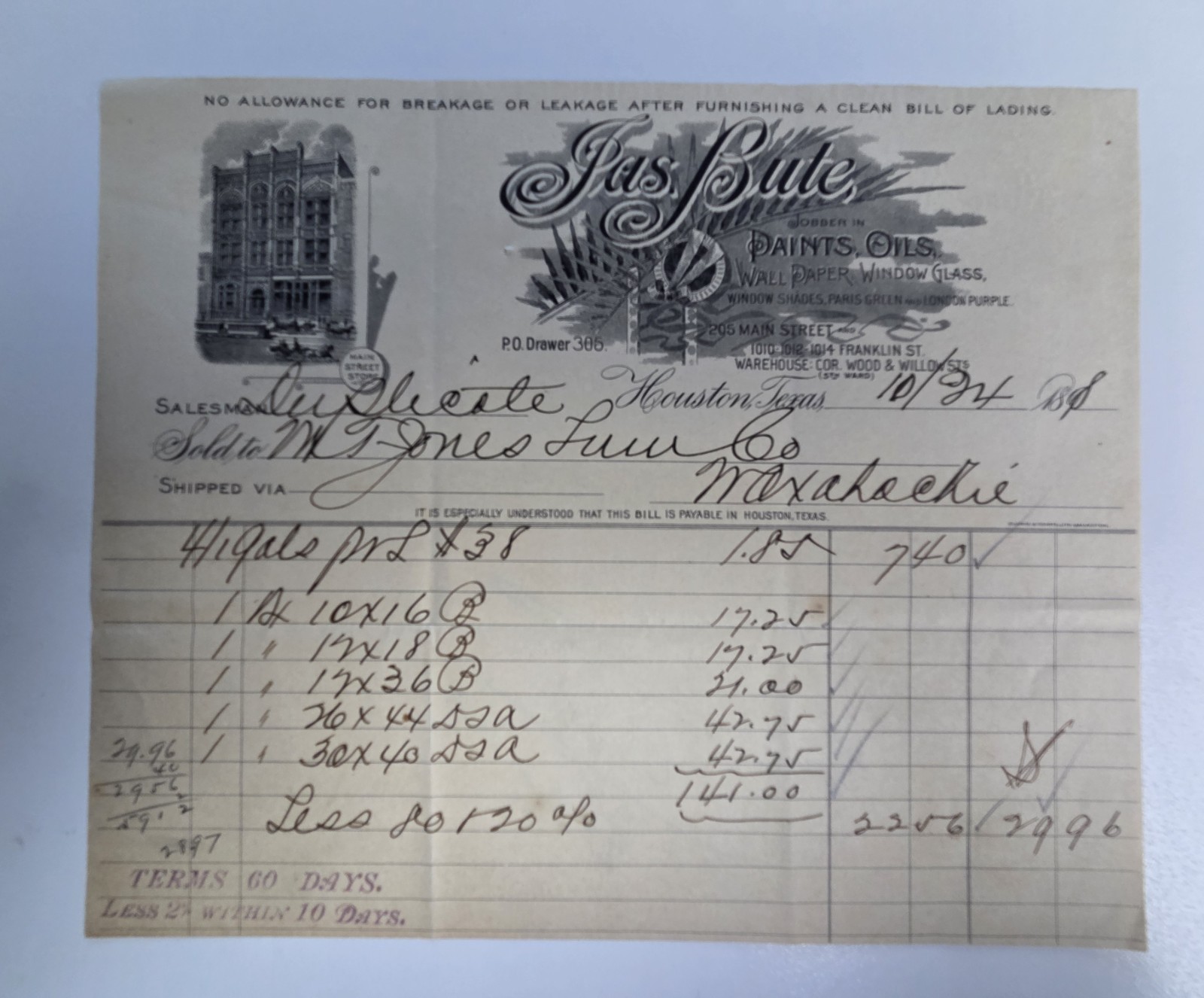 1898 Peas & Bute Houston Texas Paint Oils Invoice Billhead Mexia TX Ephemera 1898 Peas & Bute Houston Texas Paint Oils Invoice Billhead Mexia TX Ephemera