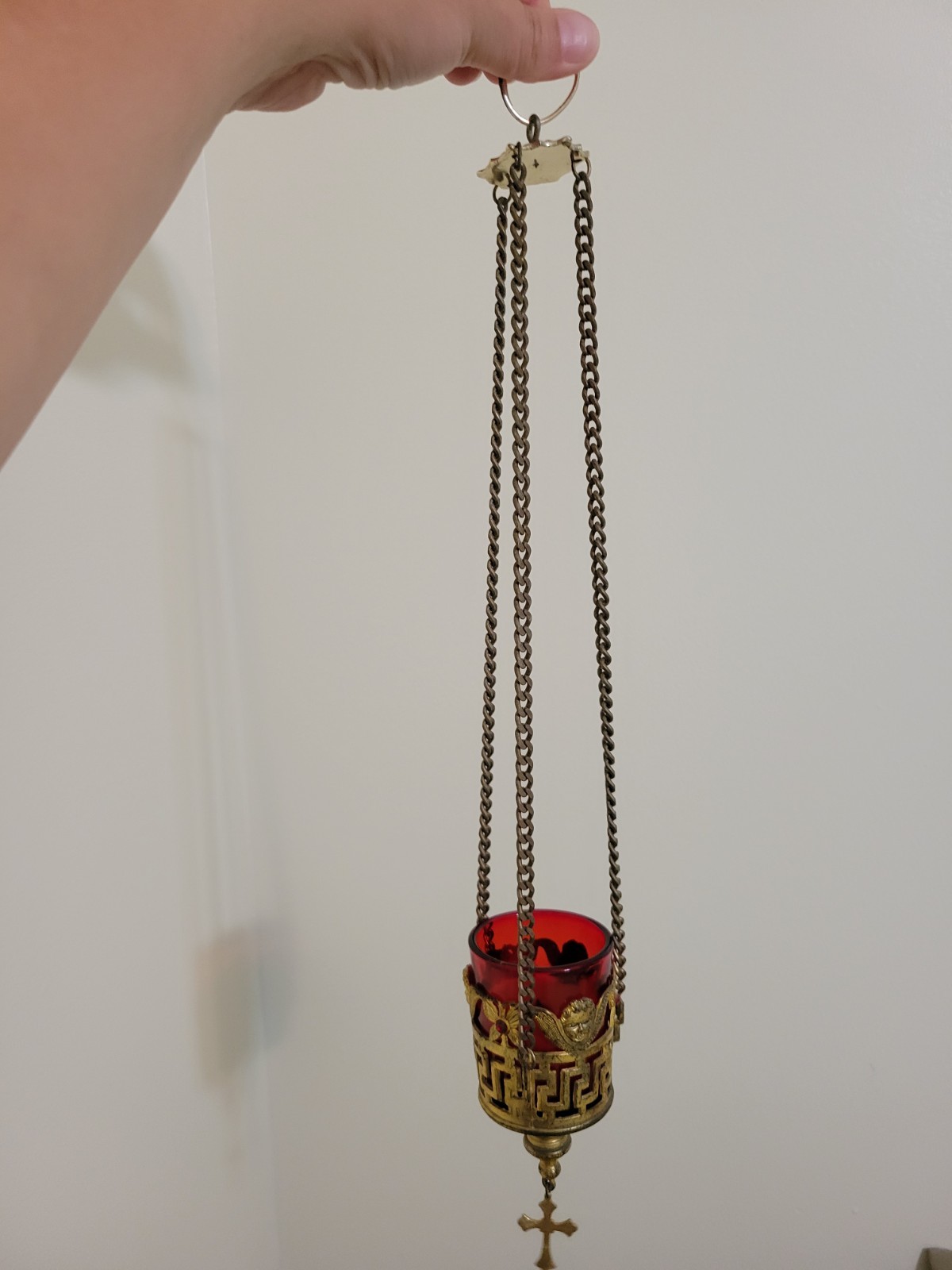 Vtg Greek Orthodox Hanging Vigil Lamp Red Glass Gold Chain Angel Butterfly 18" Vtg Greek Orthodox Hanging Vigil Lamp Red Glass Gold Chain Angel Butterfly 18"