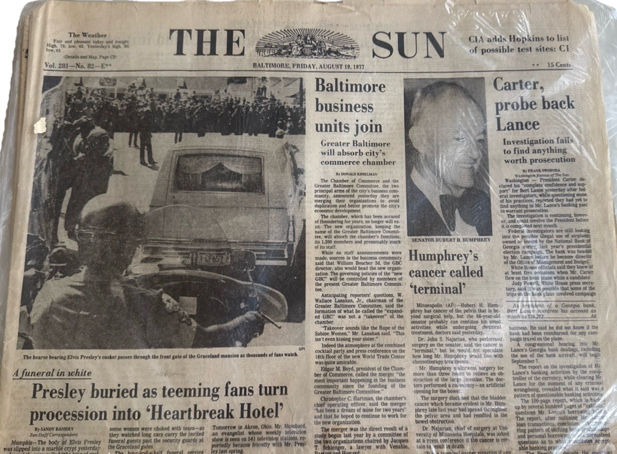 1977 Elvis Presley Funeral Newspaper Baltimore Sun August 19 1977 Vintage 1977 Elvis Presley Funeral Newspaper Baltimore Sun August 19 1977 Vintage