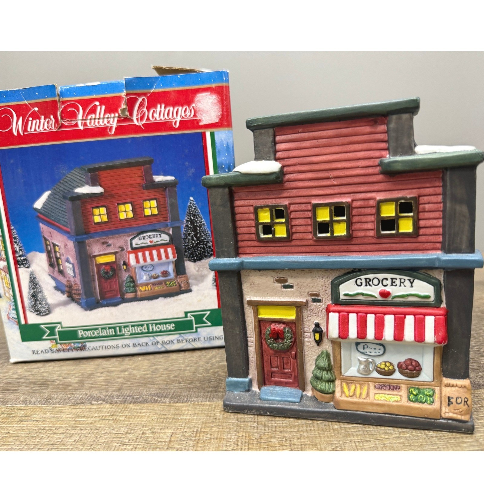 Winter Valley Cottages Porcelain Grocery Store Lighted Village Piece with Box Winter Valley Cottages Porcelain Grocery Store Lighted Village Piece with Box