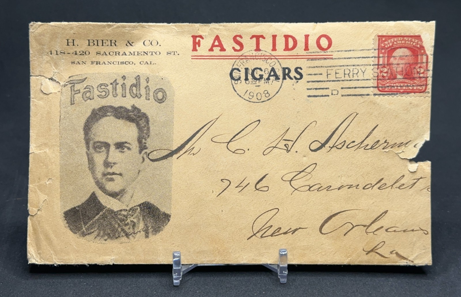 Scarce Early 1908 FASTIDIO CIGARS Advertising Cover H. BIER & CO. Postmarked