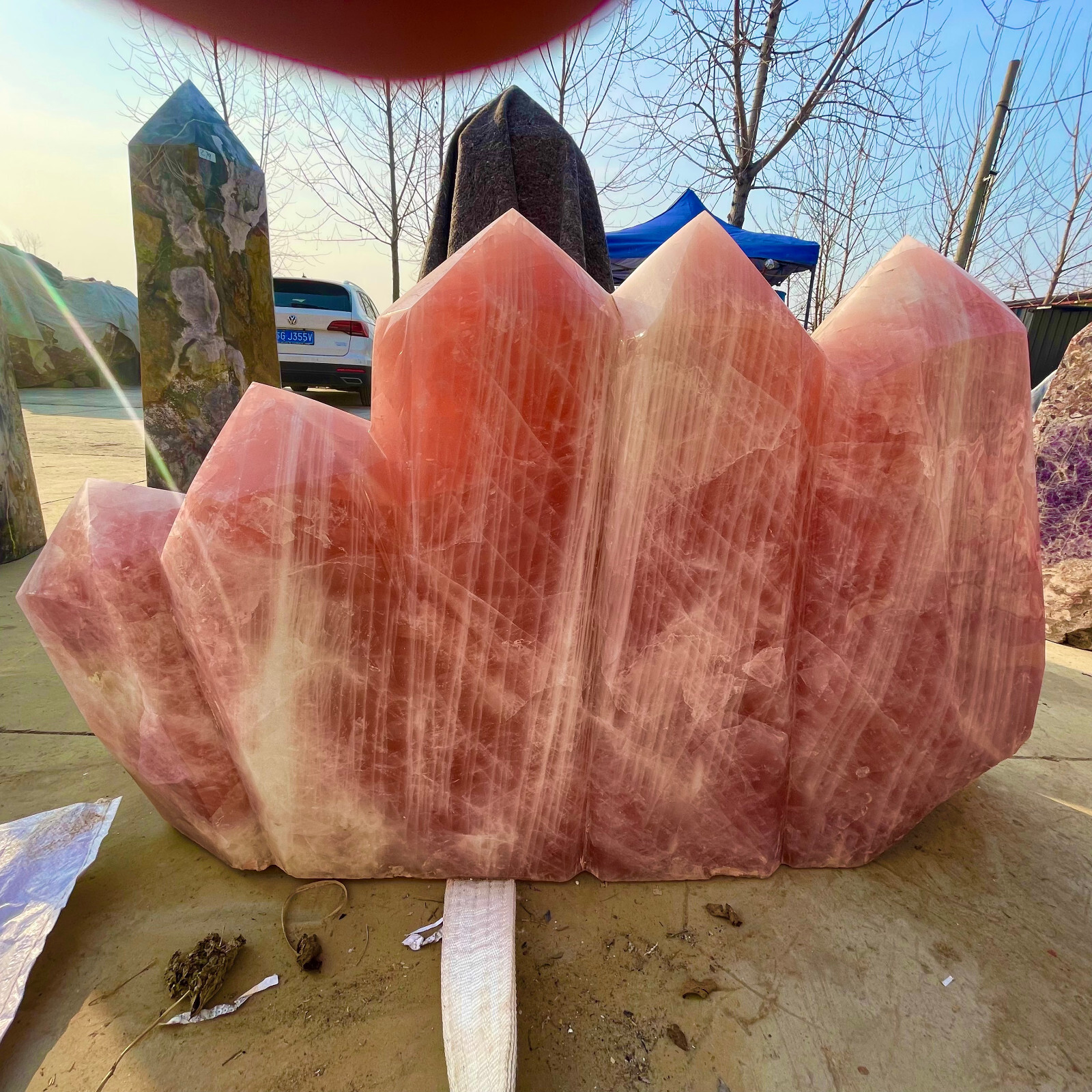 647LB TOP Natural pink rose quartz multituberculate obelisk wand point tower