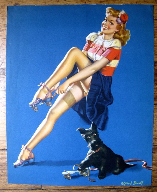 Rare 1940s Pinup Girl Picture Blond w/ Rollar Skates and Scotty Dog by Al Buell