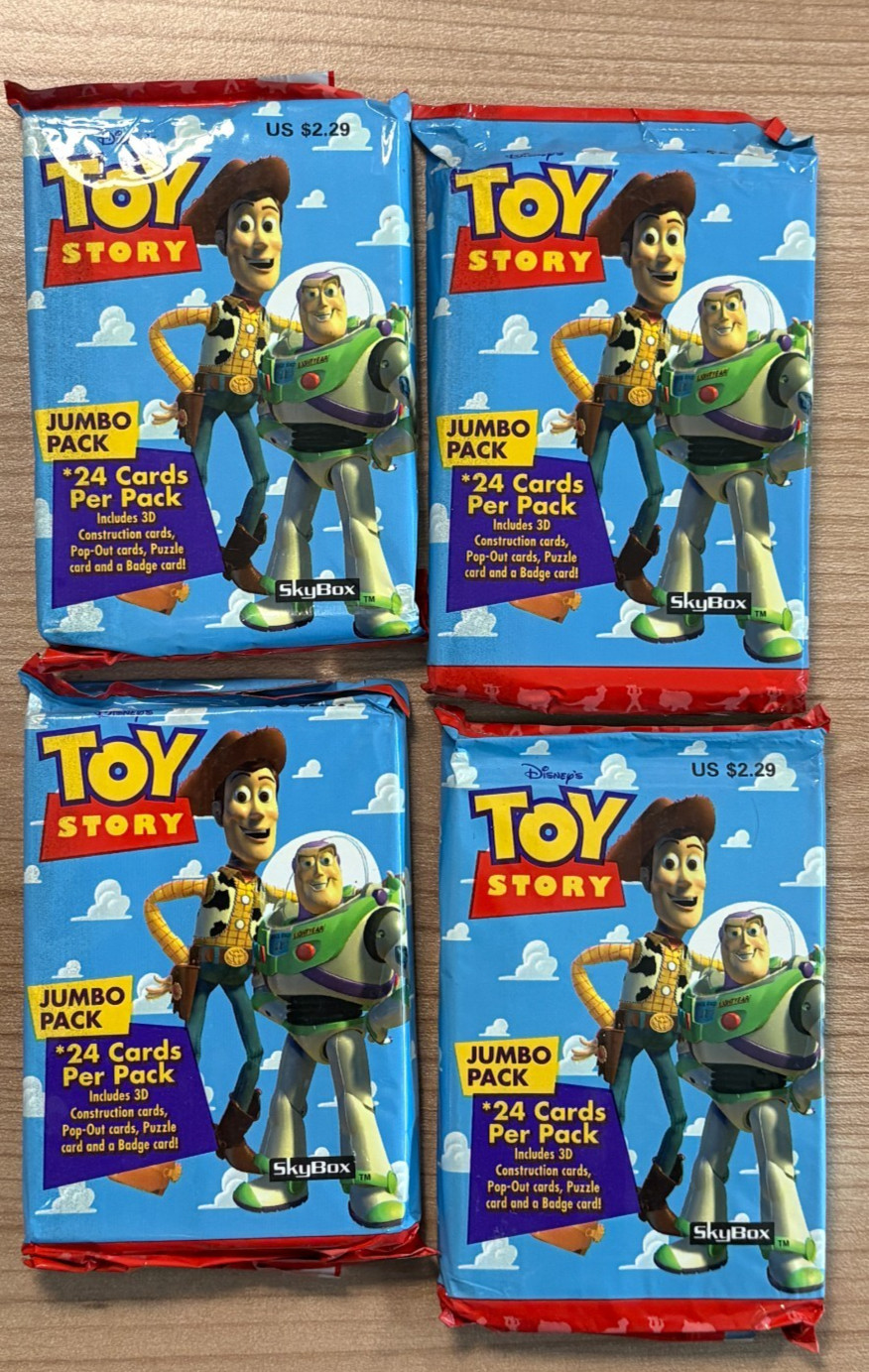 (4) 1995 Skybox Toy Story Sealed JUMBO Packs 24 Cards Per Pack Woody Buzz Hanks (4) 1995 Skybox Toy Story Sealed JUMBO Packs 24 Cards Per Pack Woody Buzz Hanks