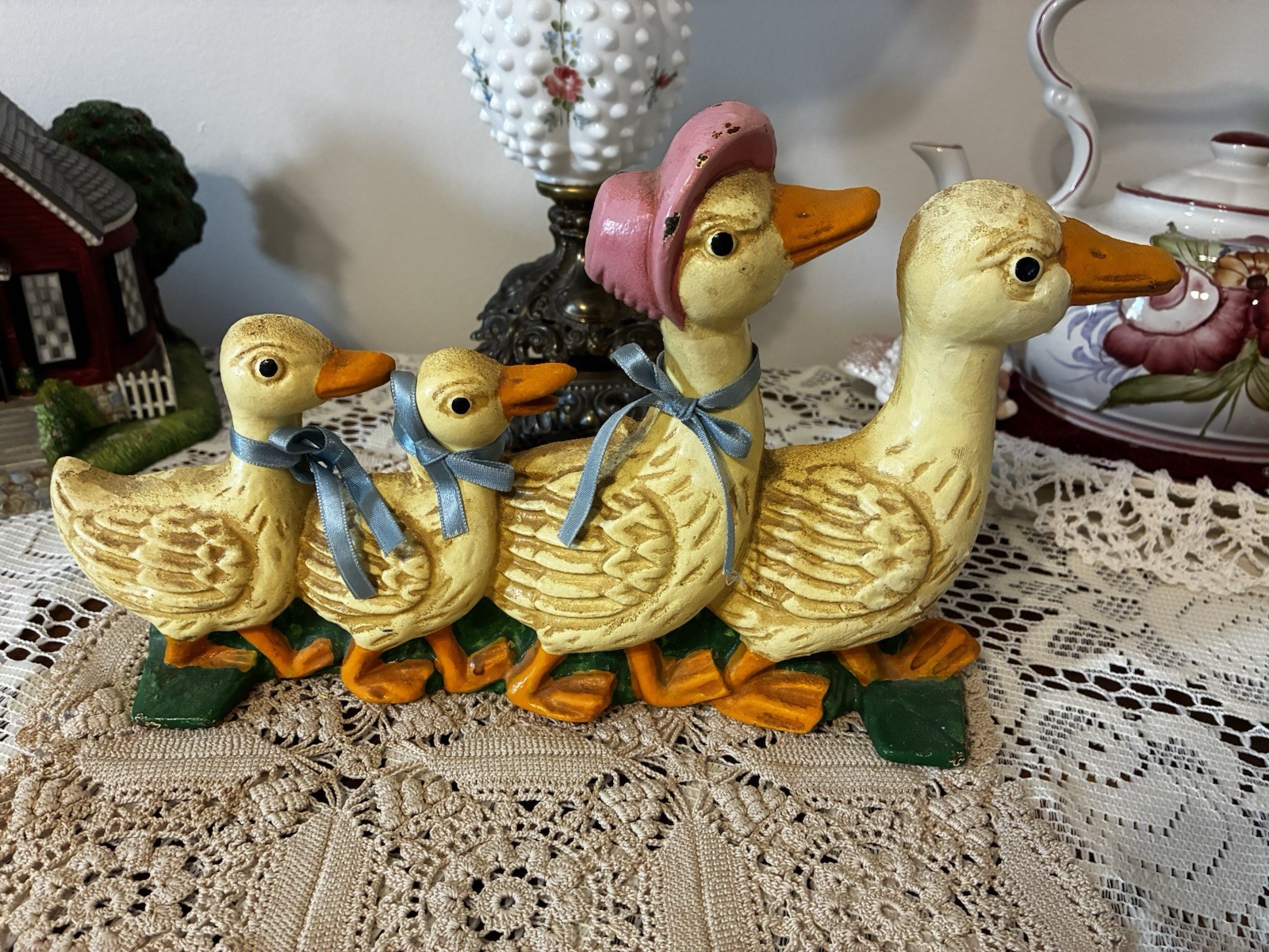 Cast Iron Door Stop 4 Duck Family Painted Antique Style Vintage