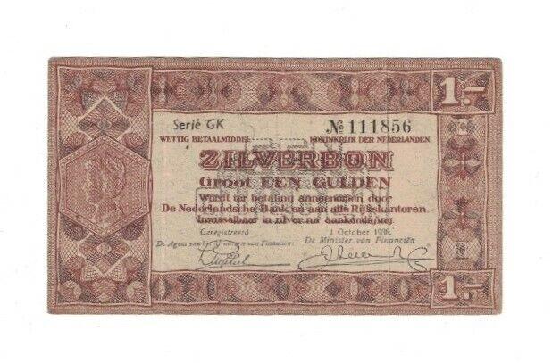 1938 Netherlands Zilverbon One Gulden - Series GK - Paper Money