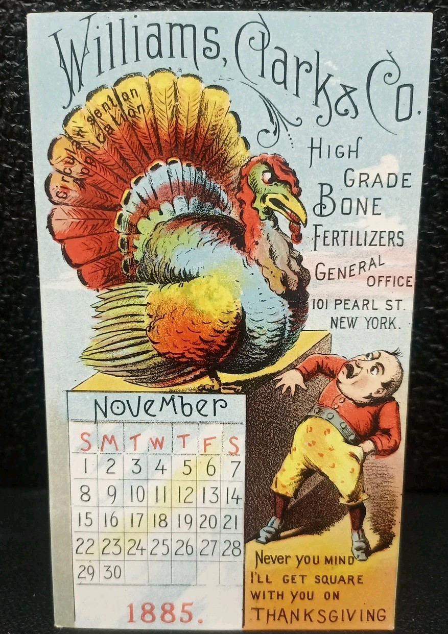William's, Clark & Co Trade Card 1885 Bone Fertilizer Turkey Intimidating Man 