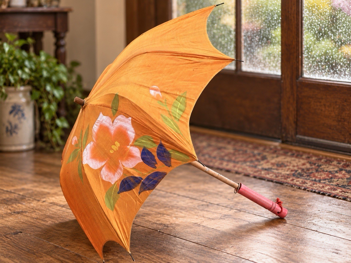 VINTAGE MINI ORANGE FLORAL PARASOL UMBRELLA WOOD SHAFT PINK HANDLE RETRO JAPAN VINTAGE MINI ORANGE FLORAL PARASOL UMBRELLA WOOD SHAFT PINK HANDLE RETRO JAPAN