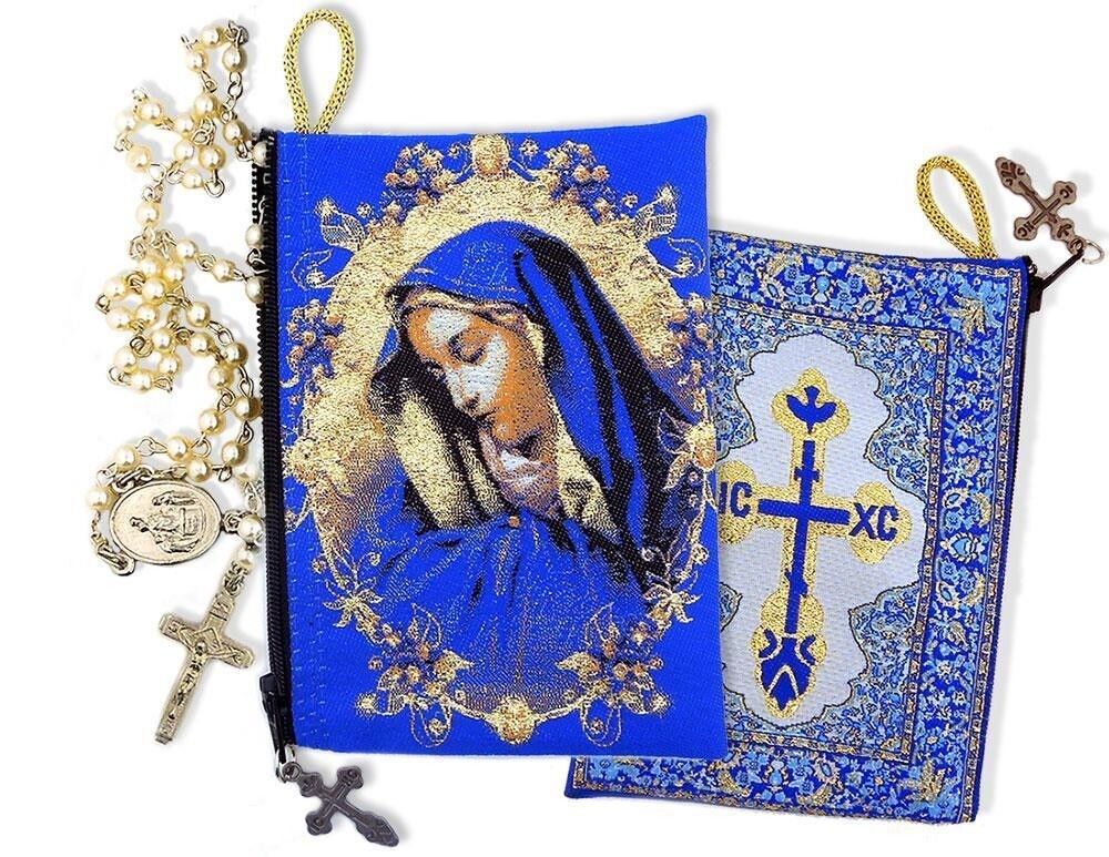 Blue Gold Rosary Pouch 2 Sided Zipper Icon Cloth Case Madonna Virgin of Sorrows
