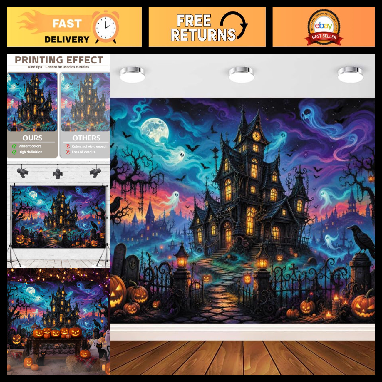 Halloween Spooky Haunted House Backdrop 10x8ft, Scary Cemetery Banner