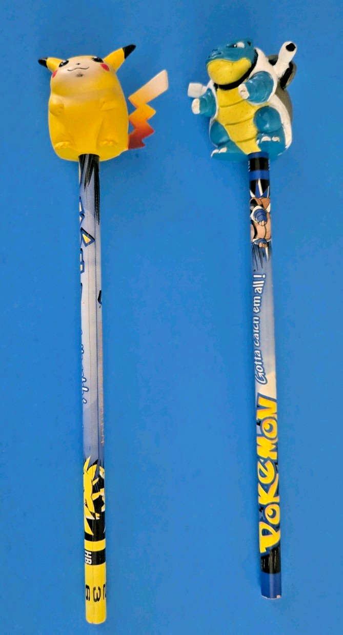 Vintage 1999 Nintendo Pokemon Pencils & Toppers. Pikachu & Blastoise.