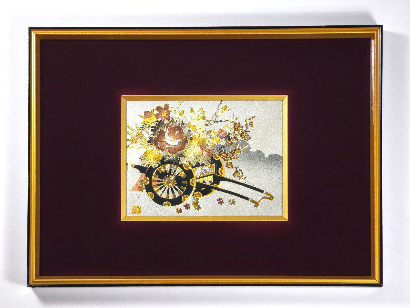 Lin Art Chokin Red Velvet Mat Framed Floral Flower Cart Engraved Silver Gold