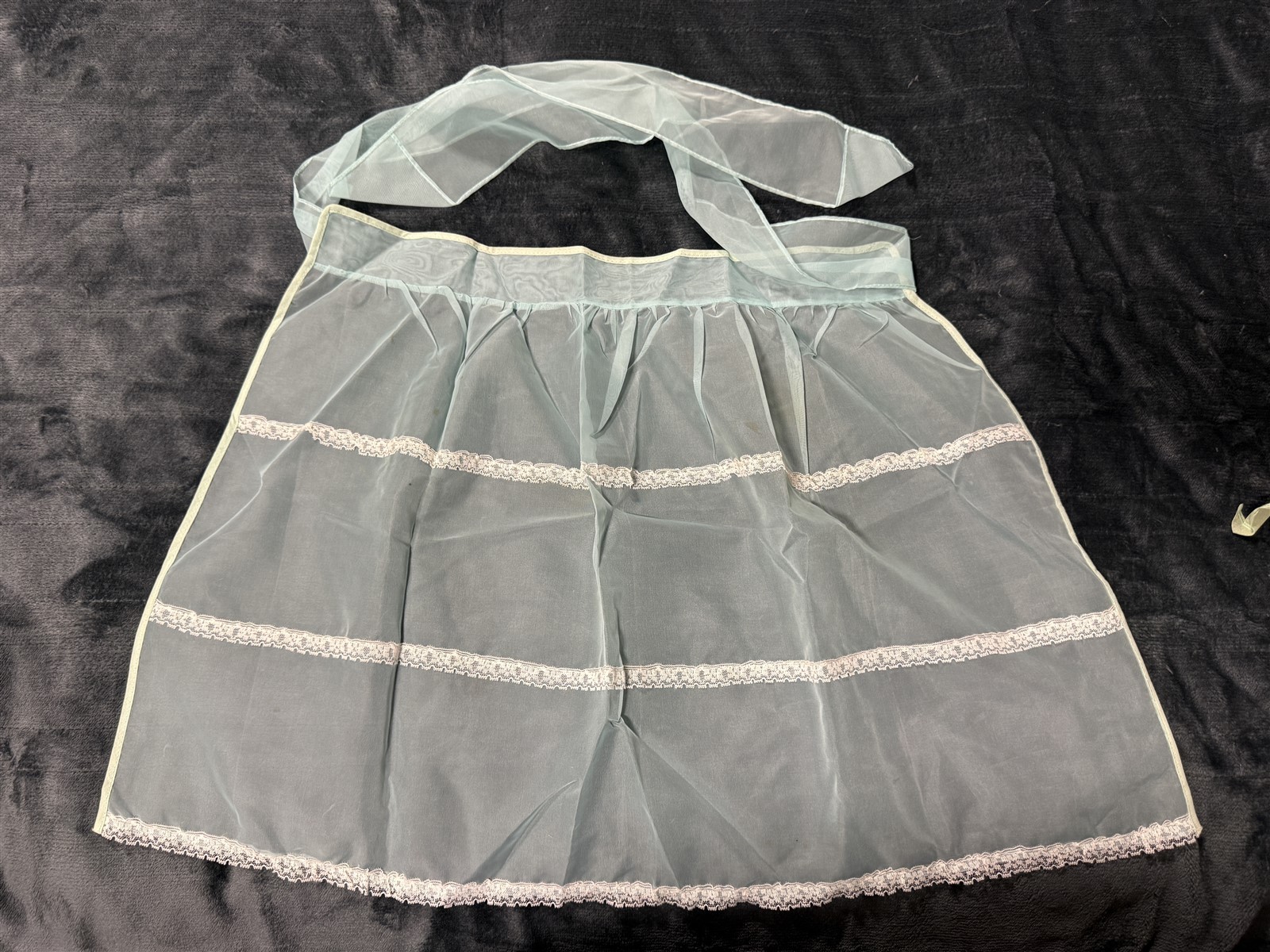 #1 VINTAGE SHEER BLUE LACE KITCHEN HALF APRON HANDMADE 1950'S / 1960'S #1 VINTAGE SHEER BLUE LACE KITCHEN HALF APRON HANDMADE 1950'S / 1960'S