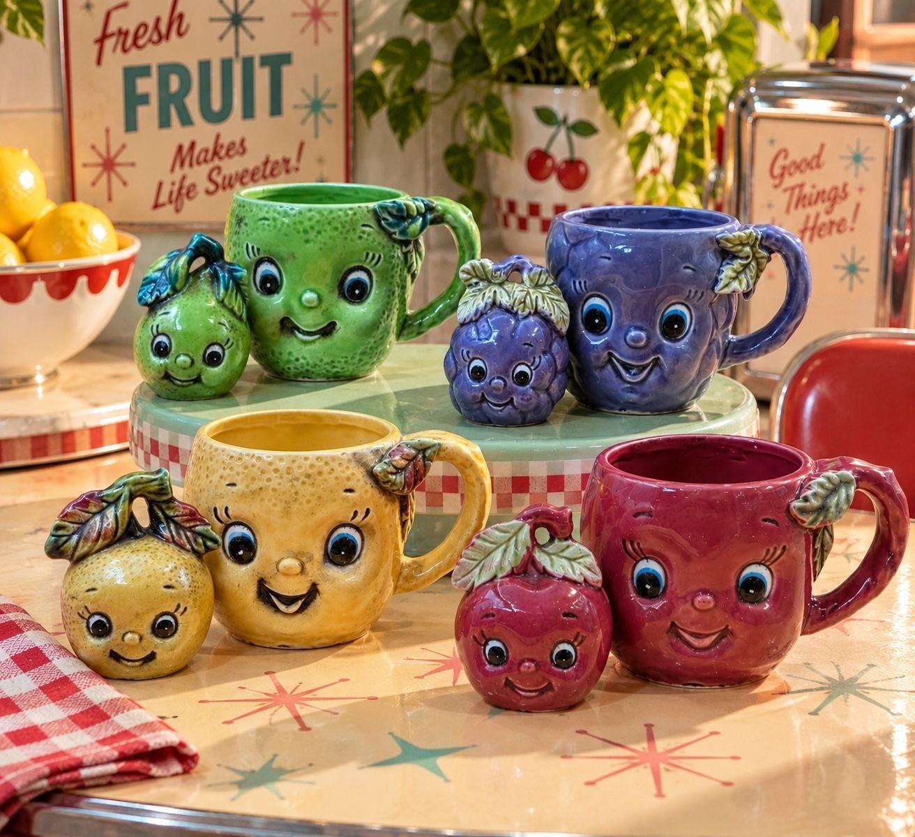 Vintage Enesco Anthropomorphic Fruit Mugs Salt Pepper Shakers Set of 8 Vintage Enesco Anthropomorphic Fruit Mugs Salt Pepper Shakers Set of 8