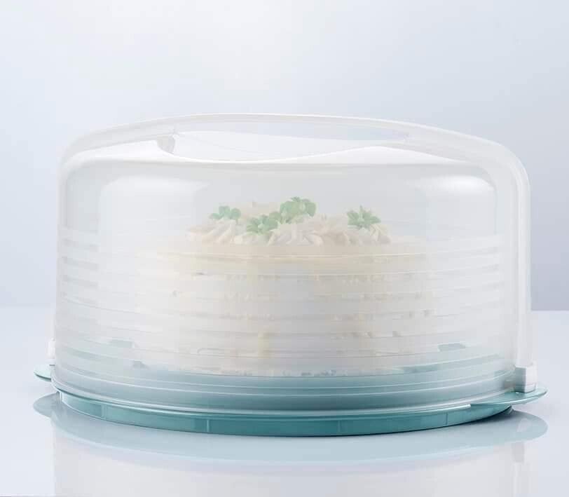 Tupperware Round Cake Taker Pie Carrier clear top - light blue base.  New