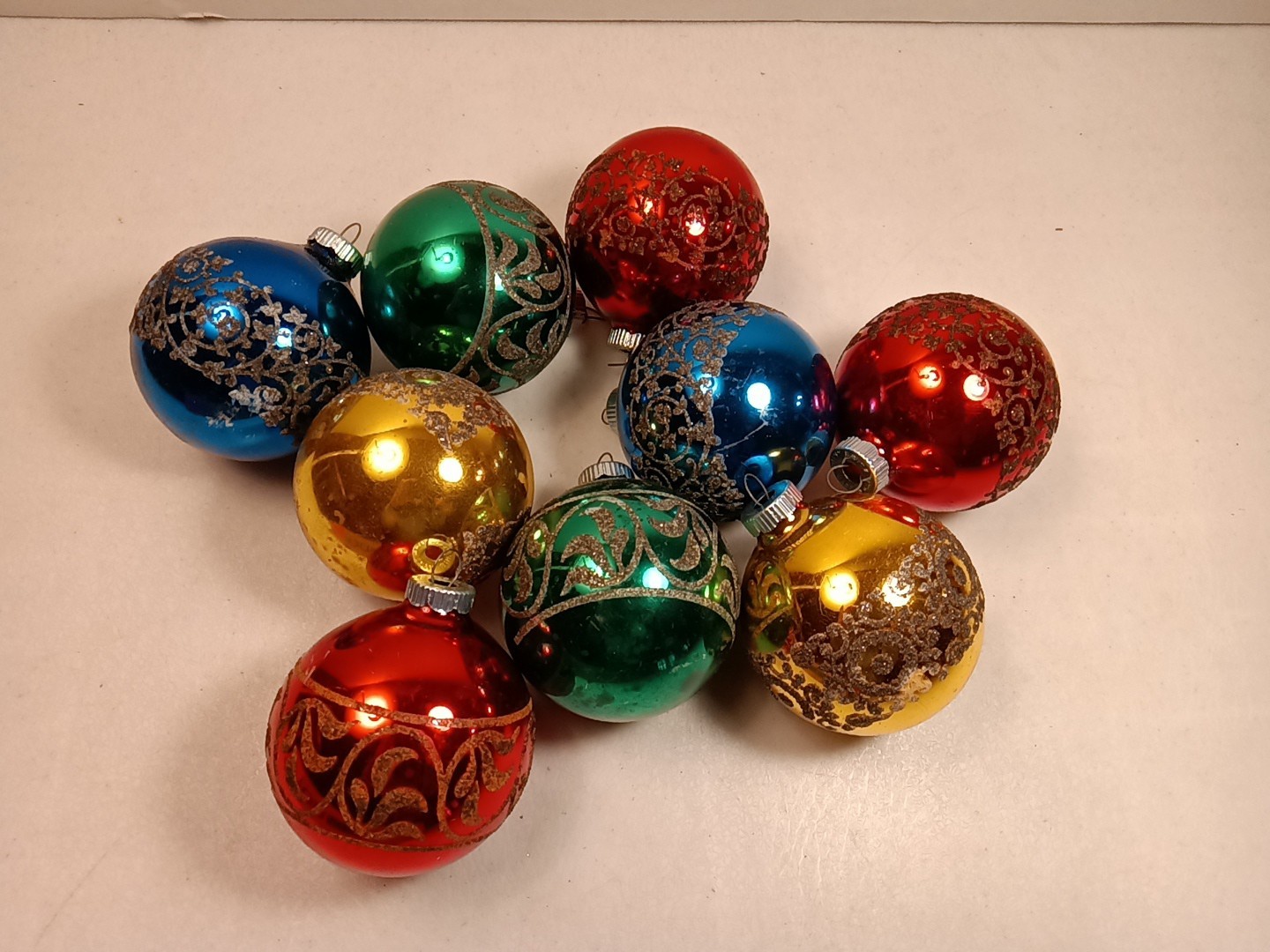 Vintage Shiny Brite Glass Christmas Ornaments Set of 9 Mica Stenciled MCM 1950s Vintage Shiny Brite Glass Christmas Ornaments Set of 9 Mica Stenciled MCM 1950s