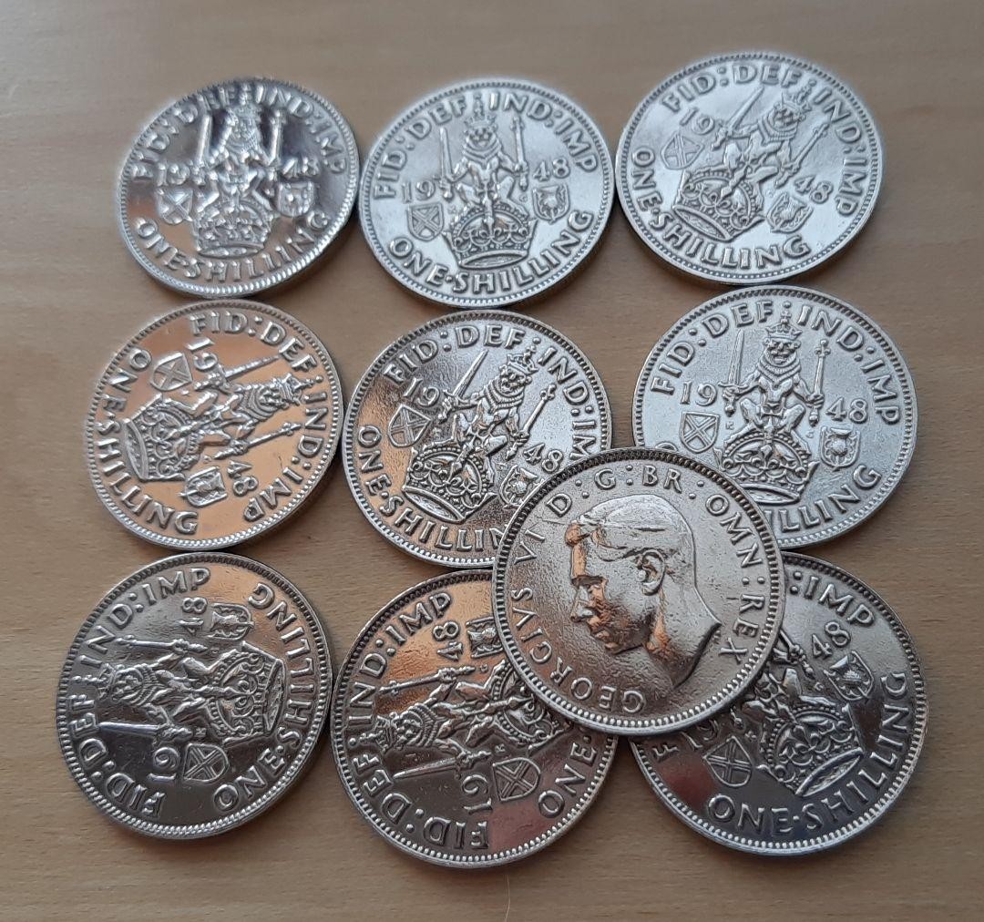 British 1948 George VI Silver Shilling Coin Set, Fine Condition, 10 pcs British 1948 George VI Silver Shilling Coin Set, Fine Condition, 10 pcs