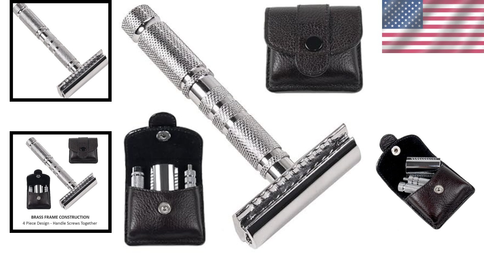 Parker 4-Piece Travel Safety Razor Brass Closed Comb DE Razor Leather Case Parker 4-Piece Travel Safety Razor Brass Closed Comb DE Razor Leather Case