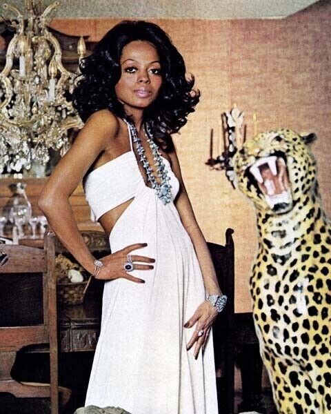 Diana Ross1970\'s glamour pose in white dress plunging neckline 8x10 real photo