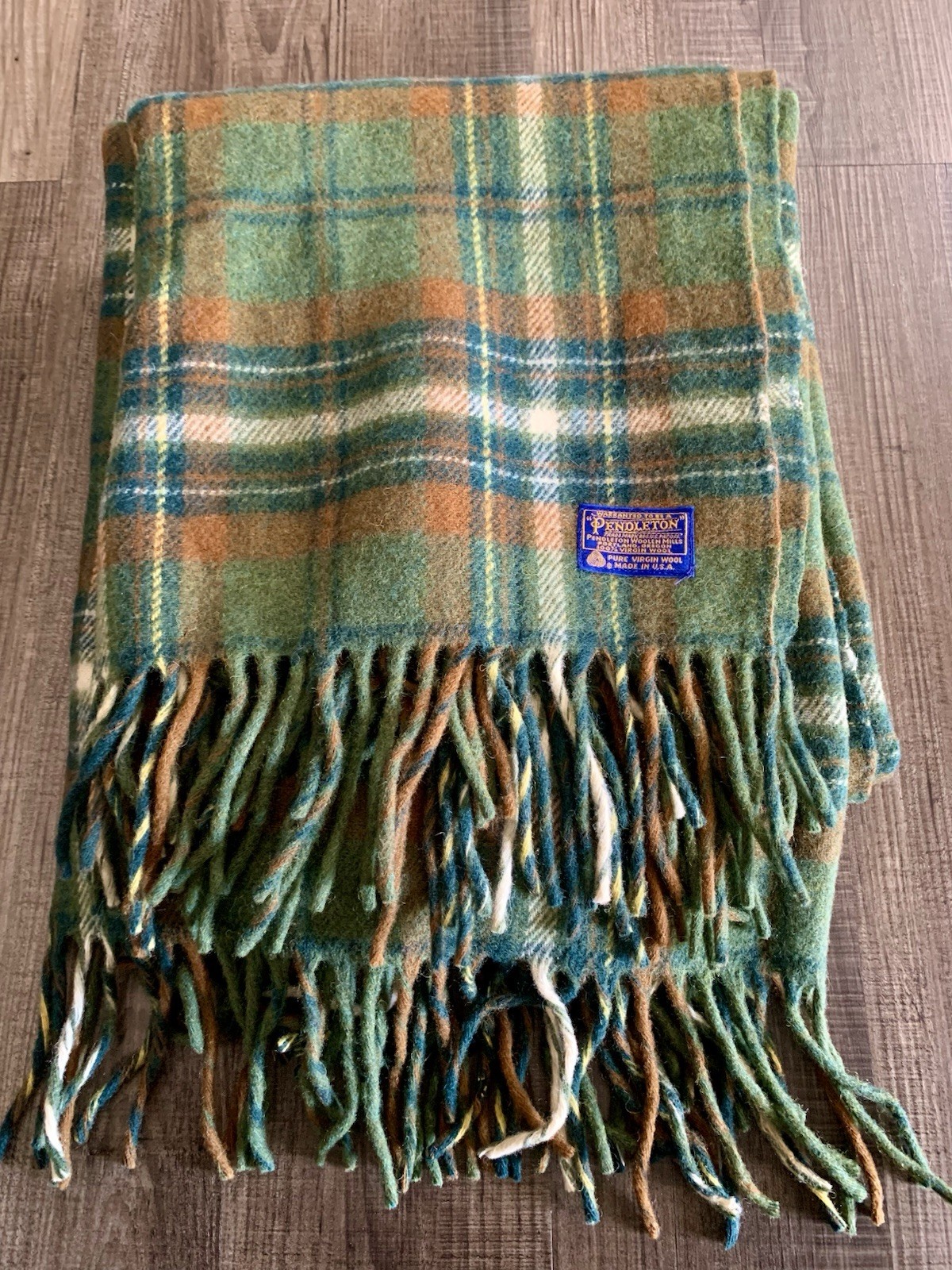 Vintage Pendleton Wool Throw Blanket Green Plaid Fringe 64” USA Vintage Pendleton Wool Throw Blanket Green Plaid Fringe 64” USA