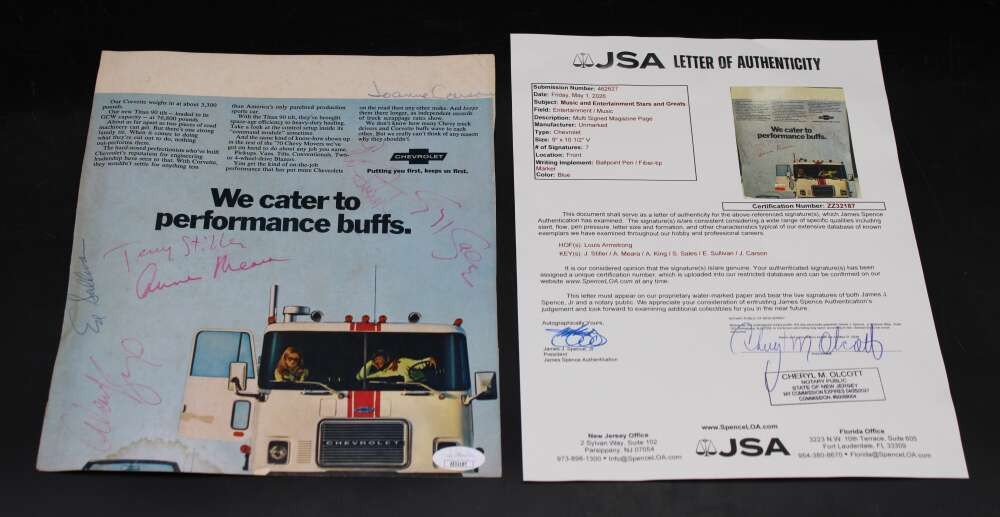 Louis Armstrong/Ed Sullivan/Jerry Stiller + Signed Chevy Ad Auto JSA ZJ23807 Louis Armstrong/Ed Sullivan/Jerry Stiller + Signed Chevy Ad Auto JSA ZJ23807