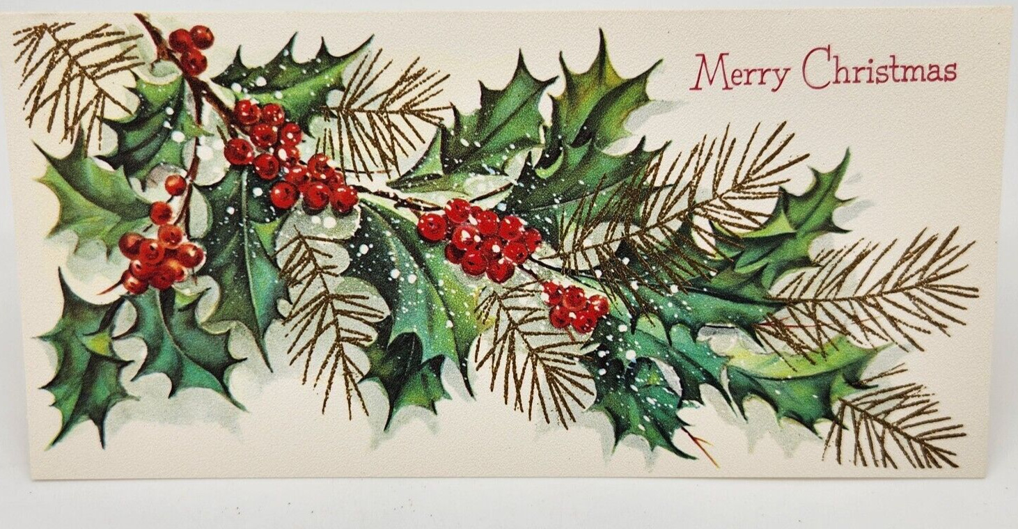 Vintage MCM Gibson Christmas Gems Holly Merry Christmas Card+Envelop Made in USA
