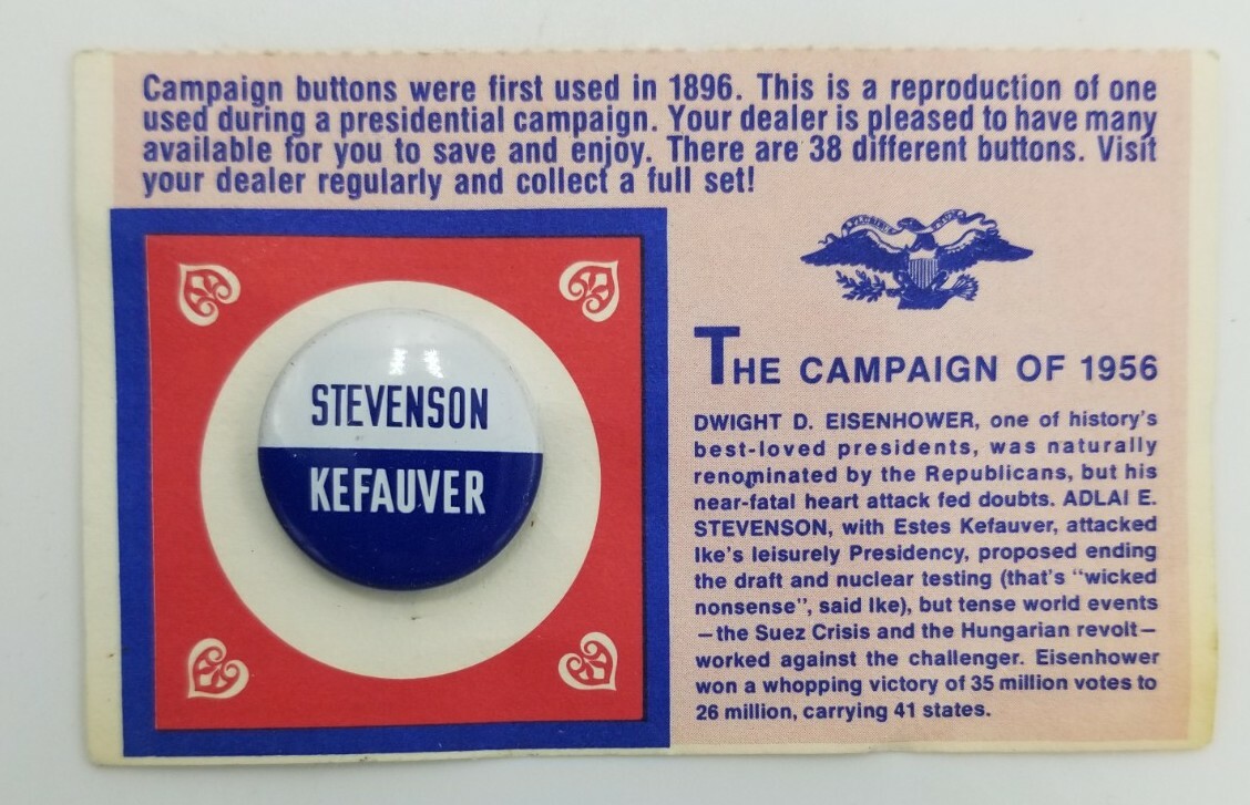 Campaign of 1956 Stevenson Kefauver 7/8" Retro Political Pin Button Campaign of 1956 Stevenson Kefauver 7/8" Retro Political Pin Button