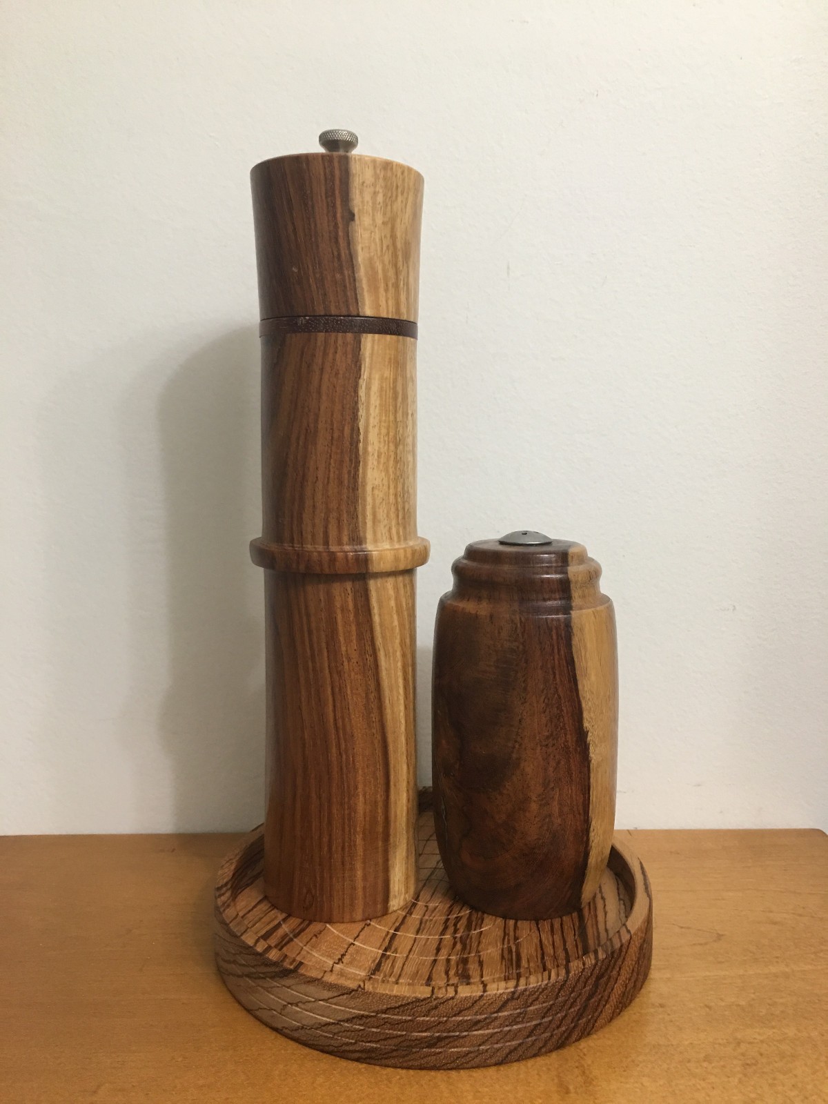 Vtg Handmade Wood Peppermill Salt Set Tray Zebra Wood 11" Signed USA Vtg Handmade Wood Peppermill Salt Set Tray Zebra Wood 11" Signed USA