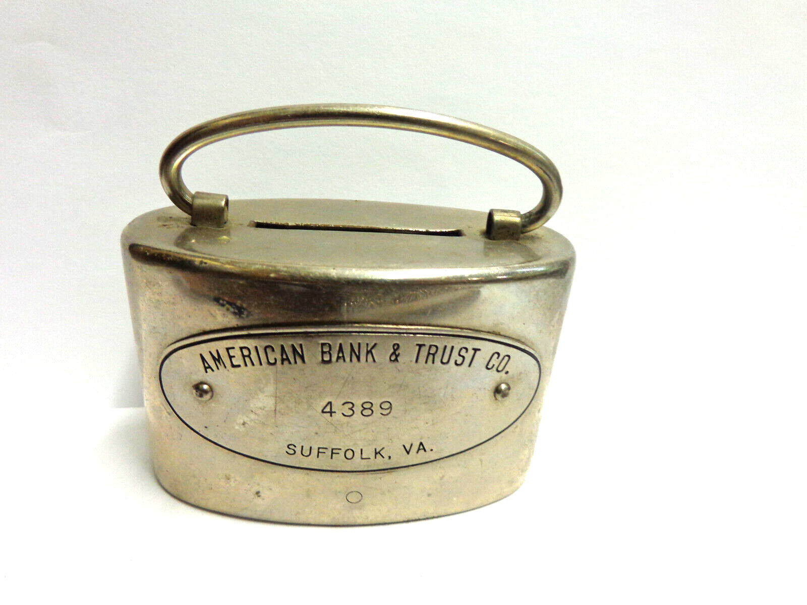 Vintage Metal bank American bank & Trust Suffolk,Va  w/hdle sz 3.50 wid inx2.25t