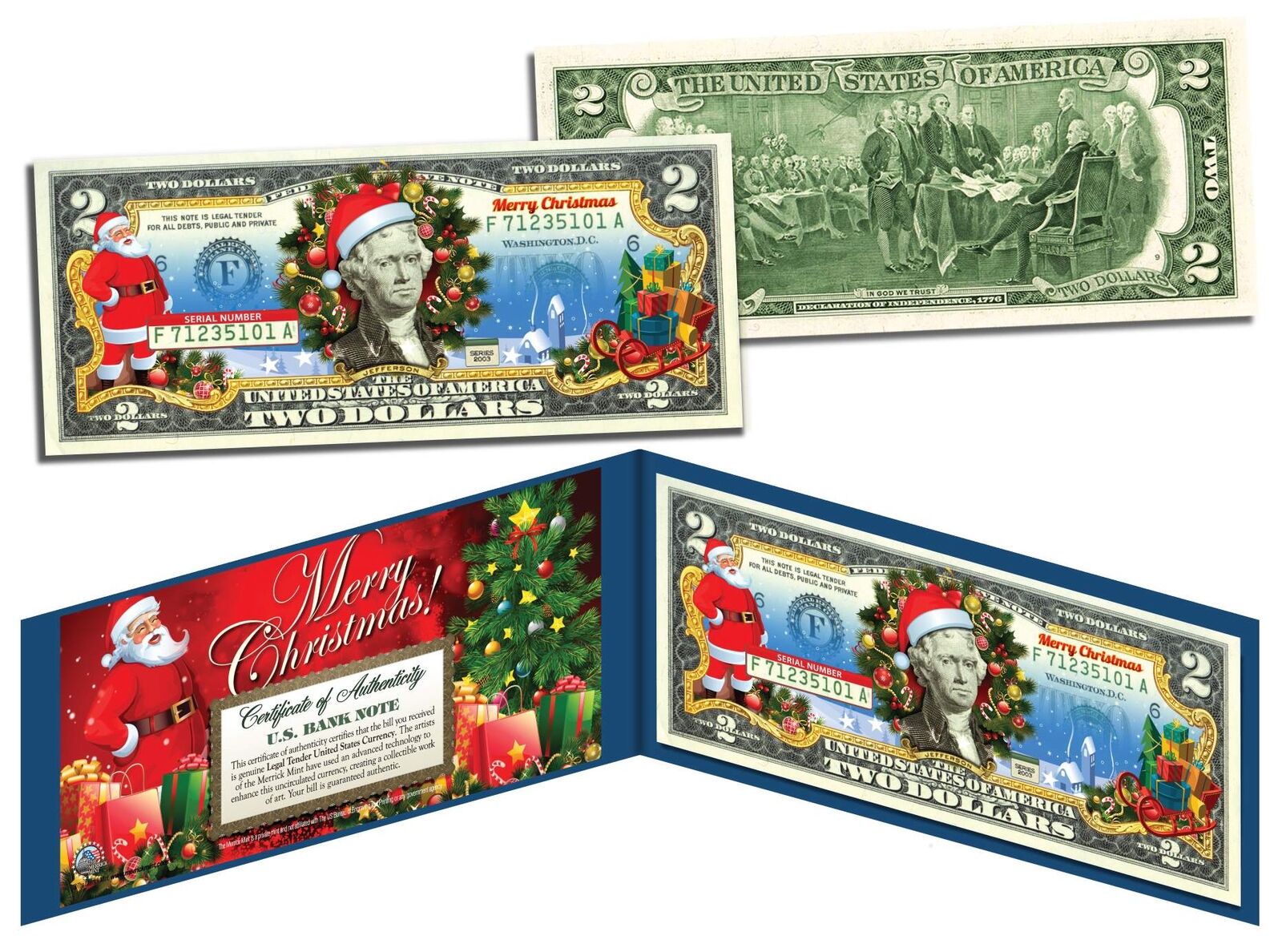 MERRY CHRISTMAS Colorized $2 Bill U.S. Legal Tender SANTA SLEIGH Jingle Bucks