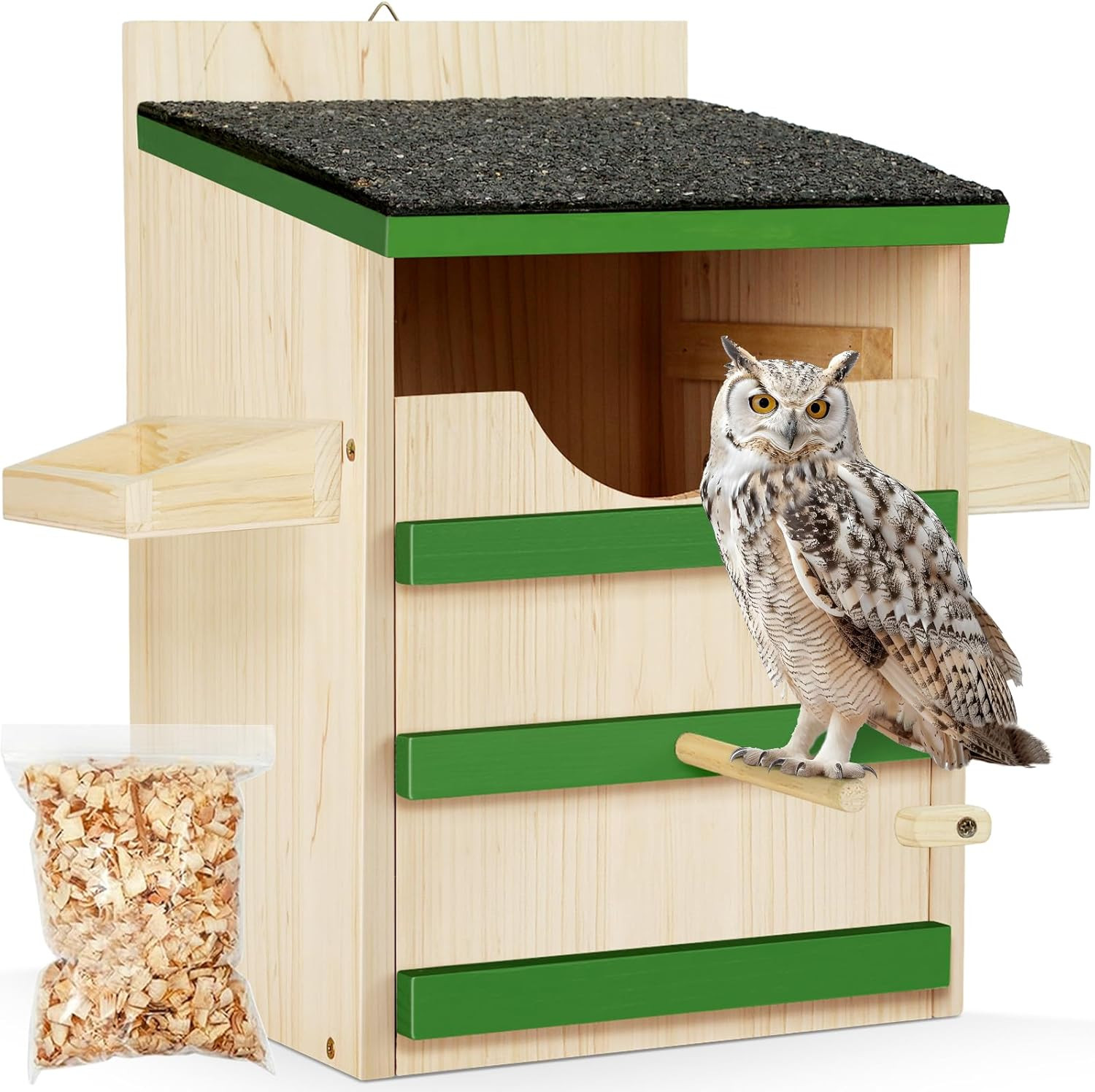 Screech Owl House Wooden Nesting Box Weatherproof with Bird Stand Wood Shavings Screech Owl House Wooden Nesting Box Weatherproof with Bird Stand Wood Shavings
