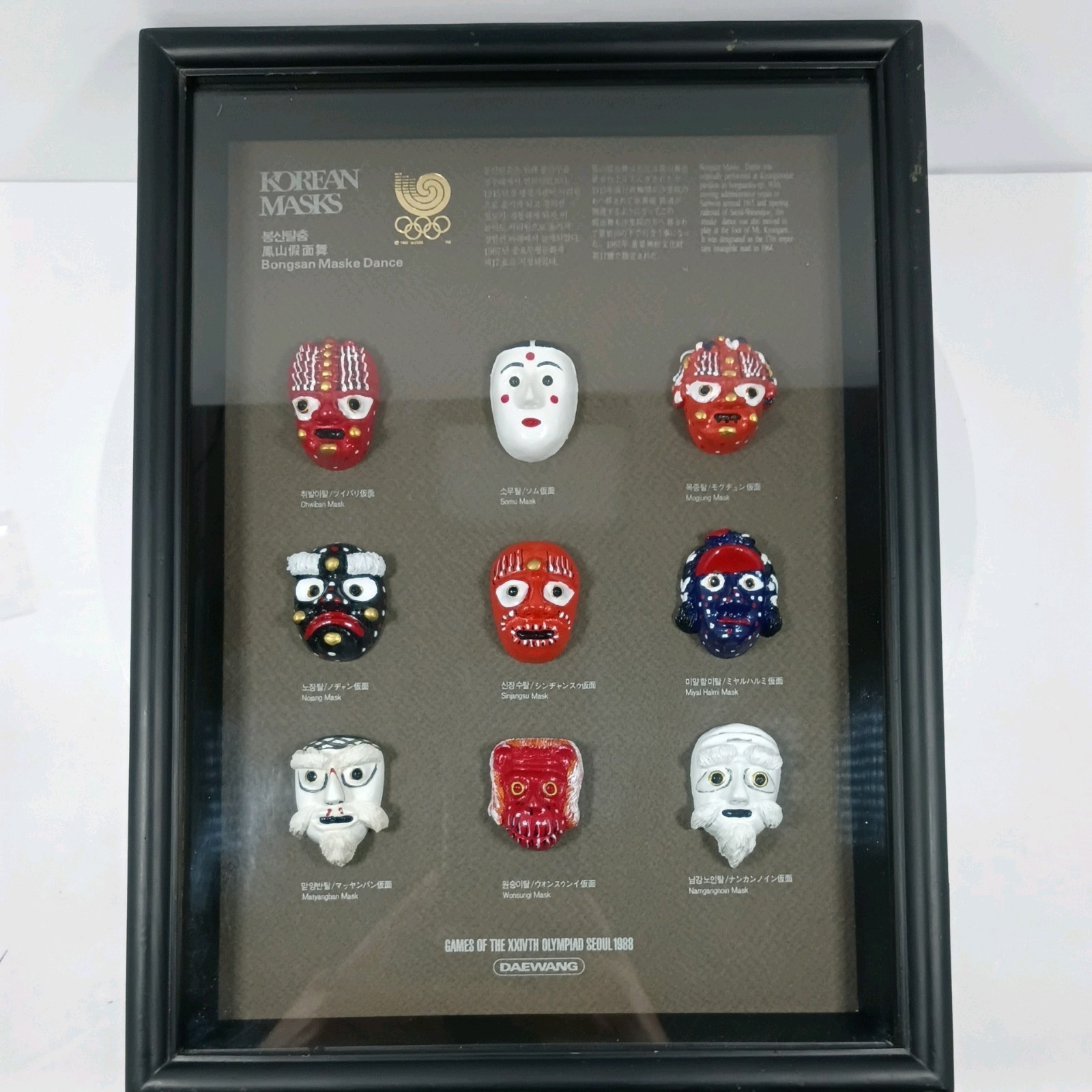 1988 Seoul Olympics Korean Masks Bongsan Mask Dance Daewang Framed Vintage