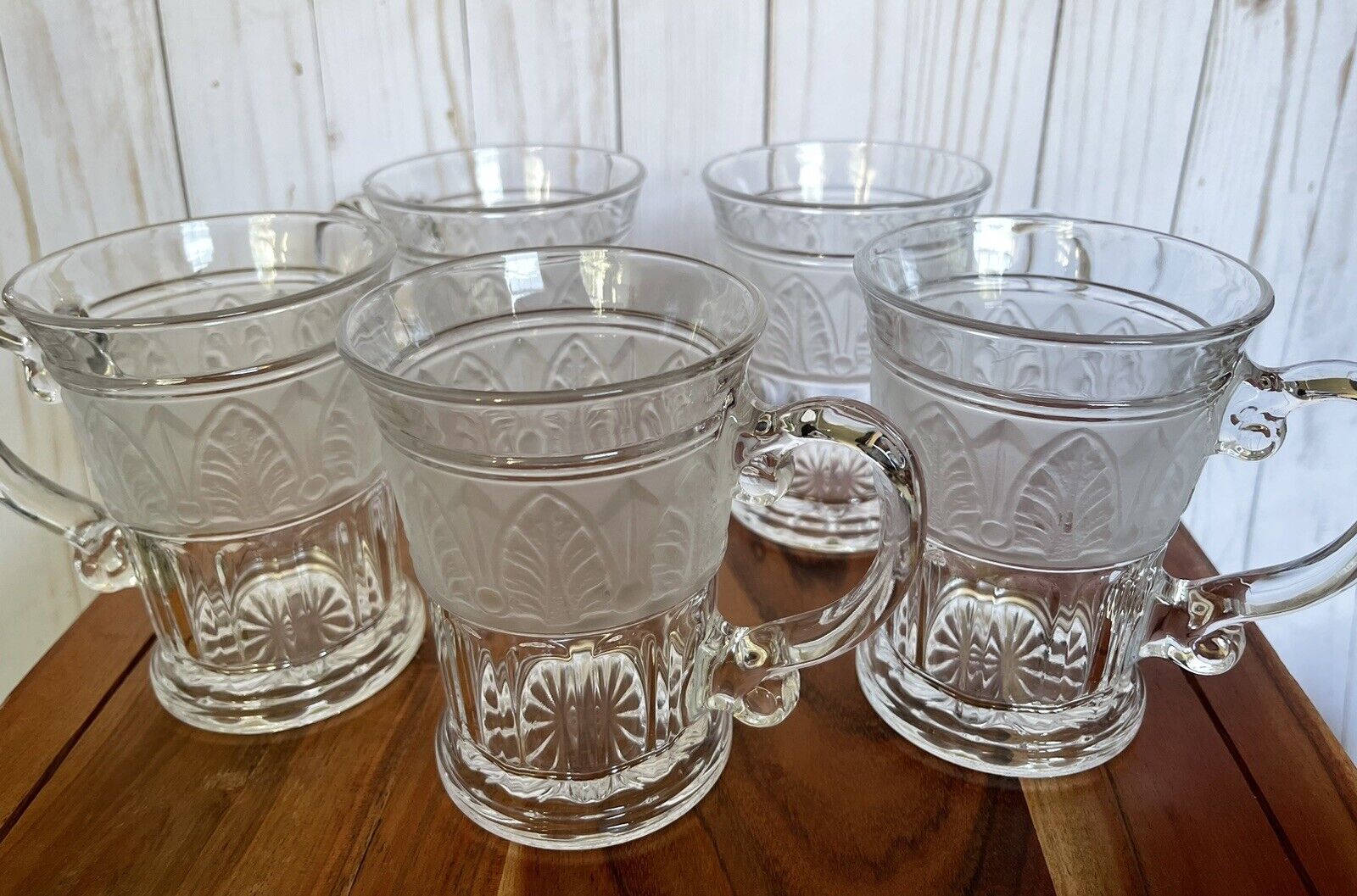 Vintage Athens Frosted Leaf Glass Mugs Set of 5  14oz Crystal Clear Retro