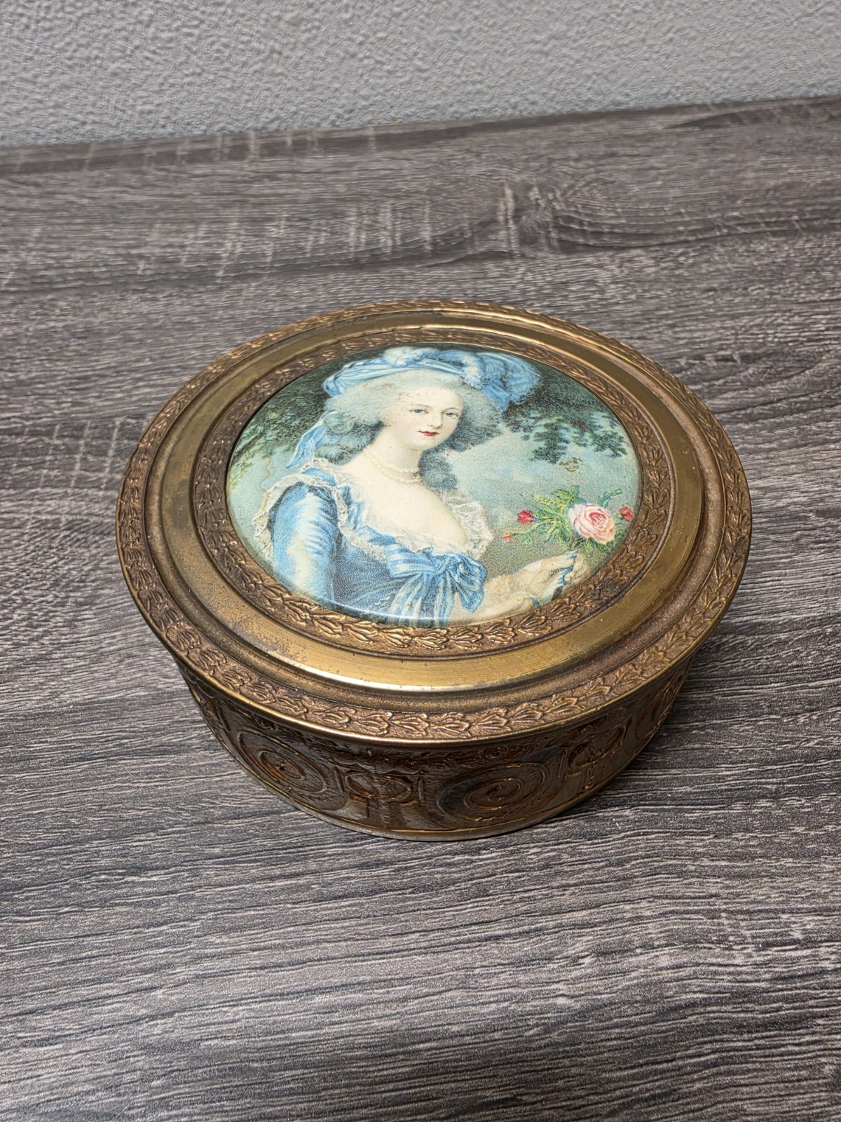 Antique French Bronze Ormolu - Enamel Portrait Powder Box - Mirror Lid