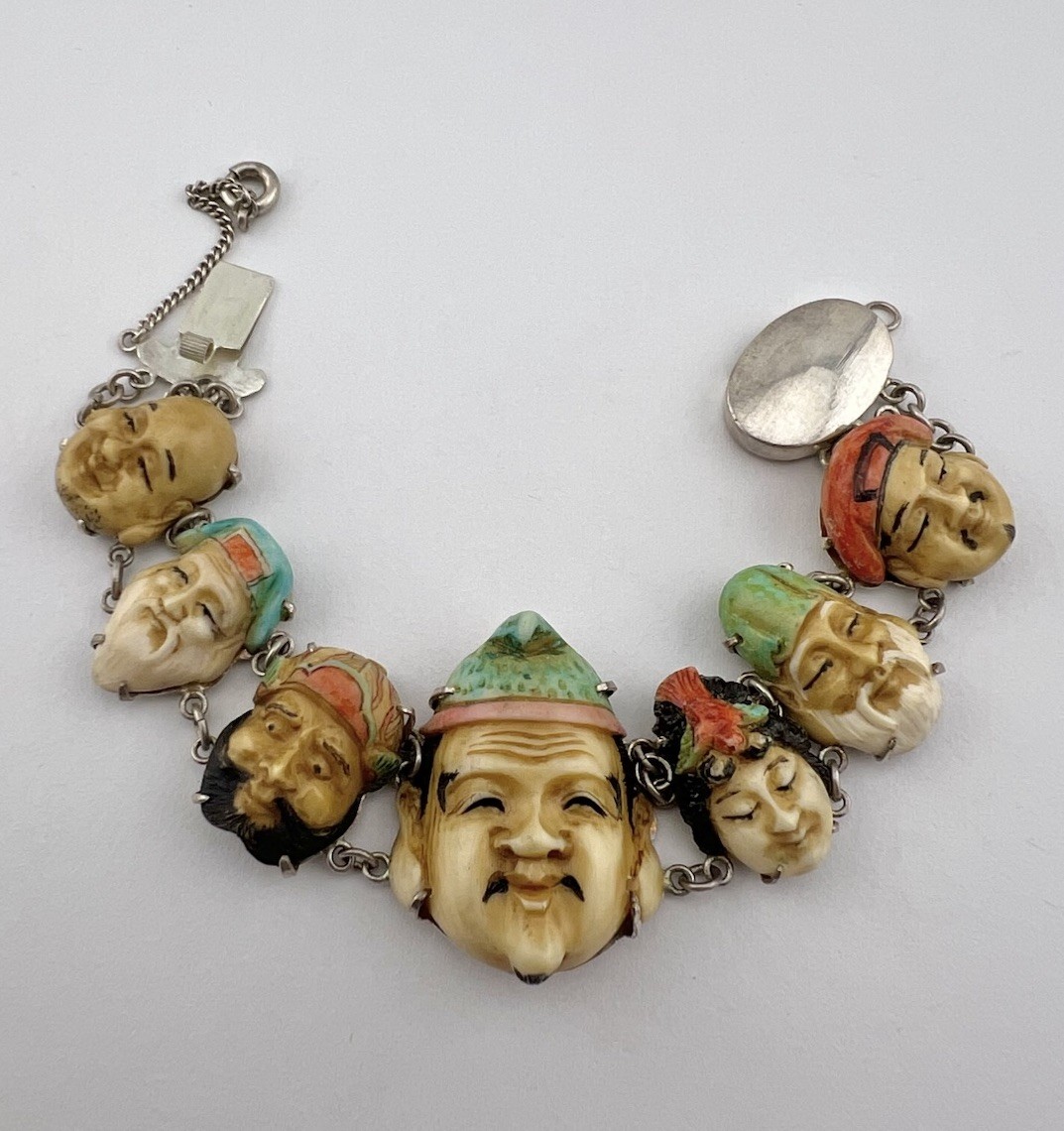 Vintage Japanese SILVER Toshikane Porcelain Seven Lucky Gods Link Bracelet Vintage Japanese SILVER Toshikane Porcelain Seven Lucky Gods Link Bracelet