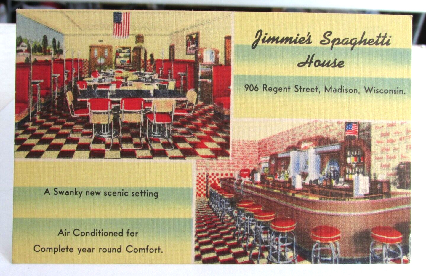 1930s-40s Madison Wisconsin, Wi.,  postcard advertising Jimmie\'s Spaghetti House