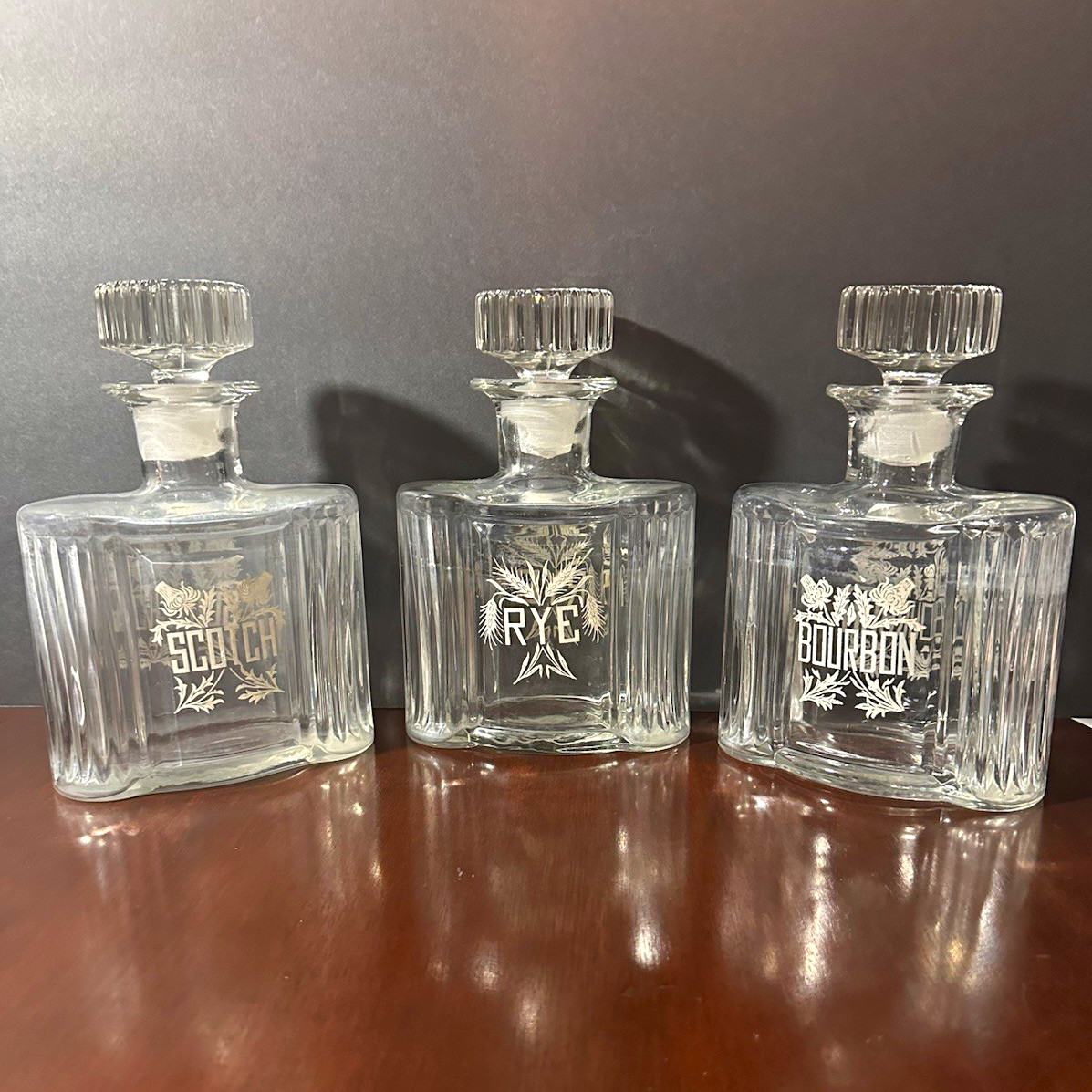 Vintage 1970s Set of 3 Clear Glass Square Floral Decanters w/ Stoppers