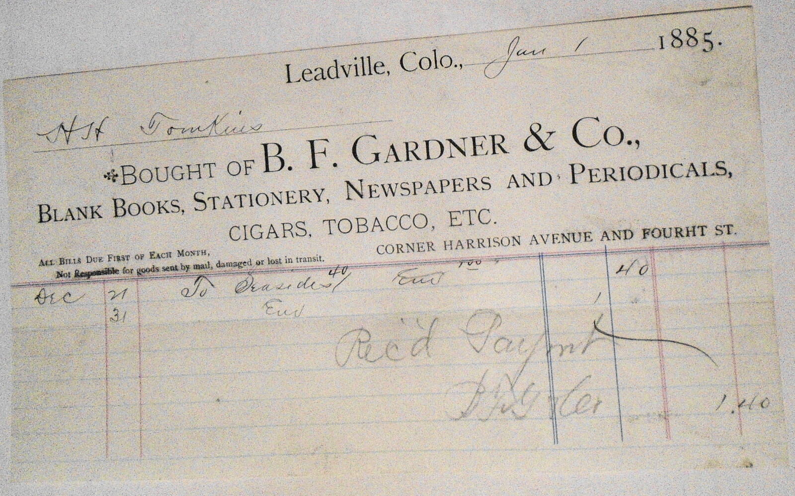 1889 Billhead receipt, B. F. Gardner & Co., Stationery, etc Leadville Colorado 1889 Billhead receipt, B. F. Gardner & Co., Stationery, etc Leadville Colorado