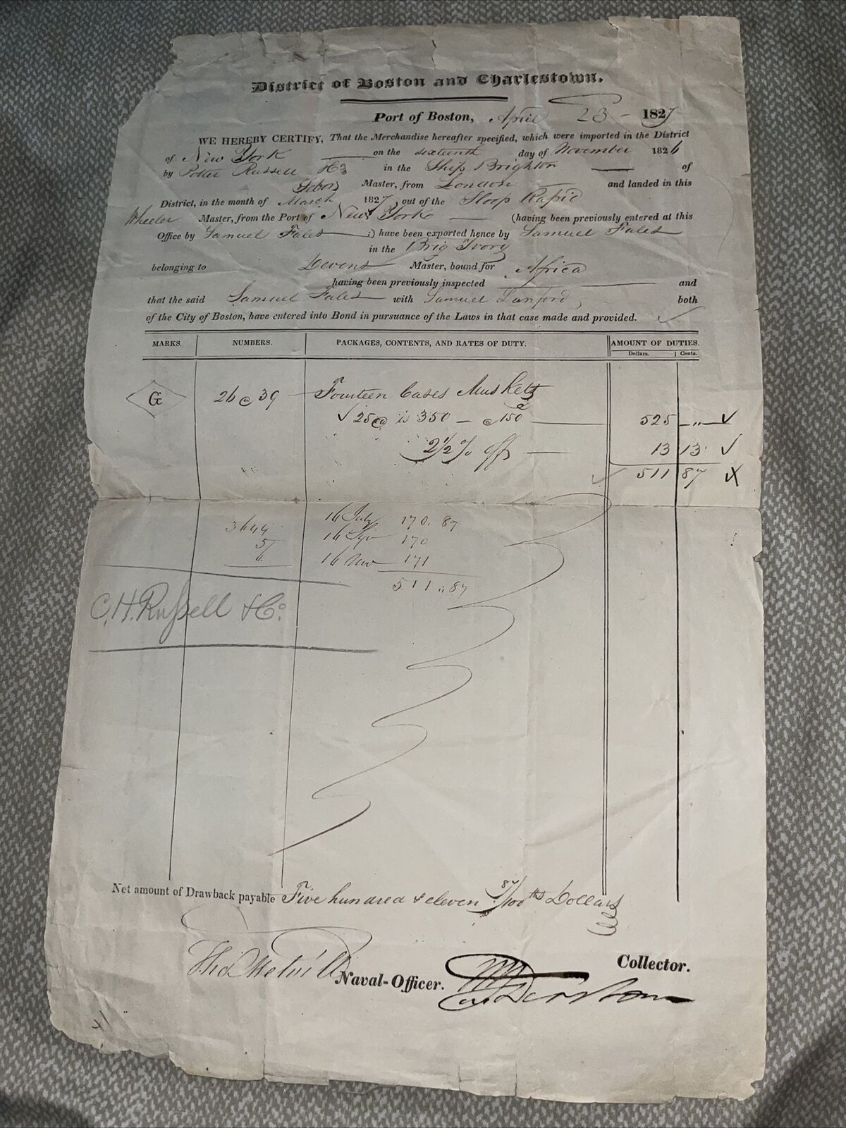 1827 Port Of Boston Import Certification: 14 Cases of Muskets - Charles Russell