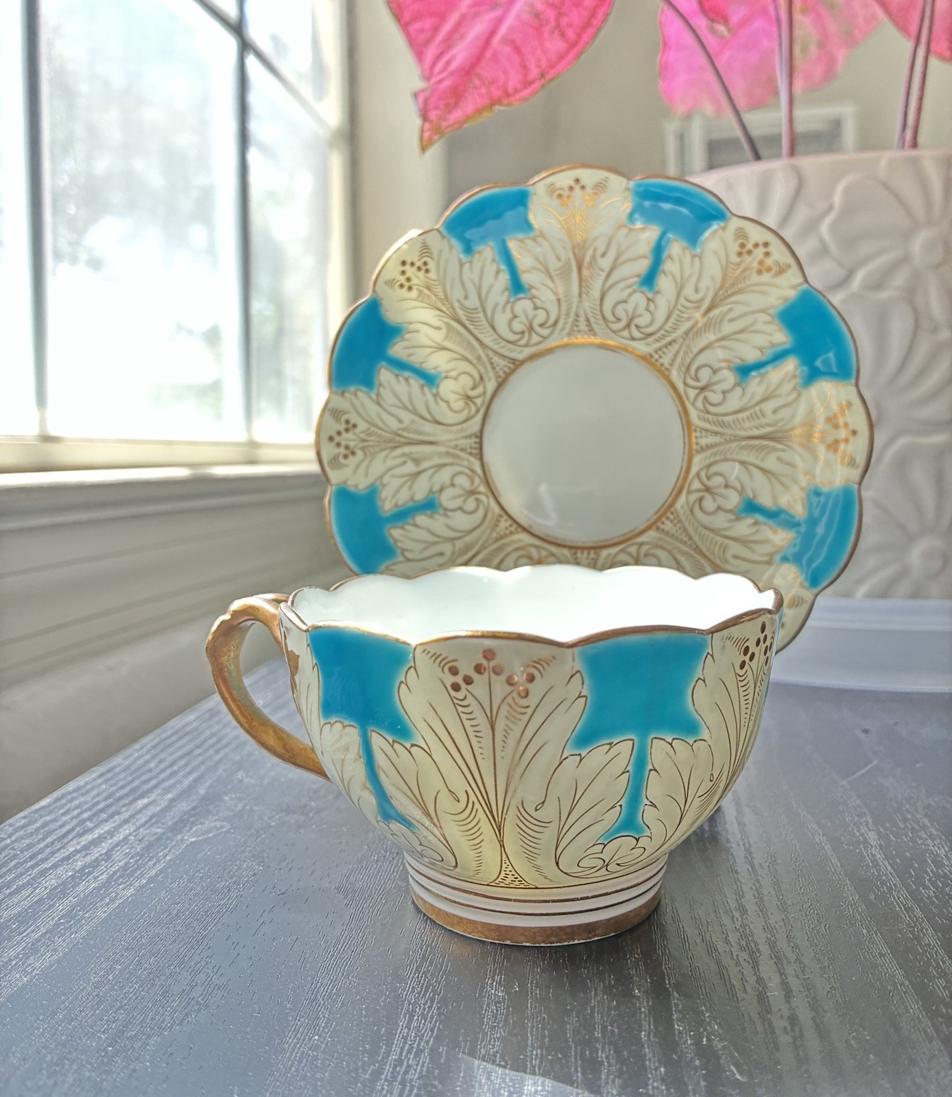 Antique Brown-Westhead Moore Cup & Saucer Turquoise Gold Gilt Davis Collamore NY Antique Brown-Westhead Moore Cup & Saucer Turquoise Gold Gilt Davis Collamore NY