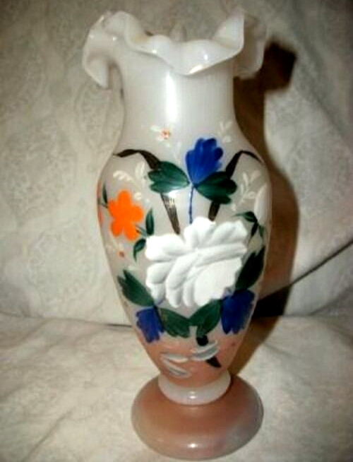 Antique French Opaline Vase White HP Pink Rich Florals 1890s Handblown Pontil Antique French Opaline Vase White HP Pink Rich Florals 1890s Handblown Pontil